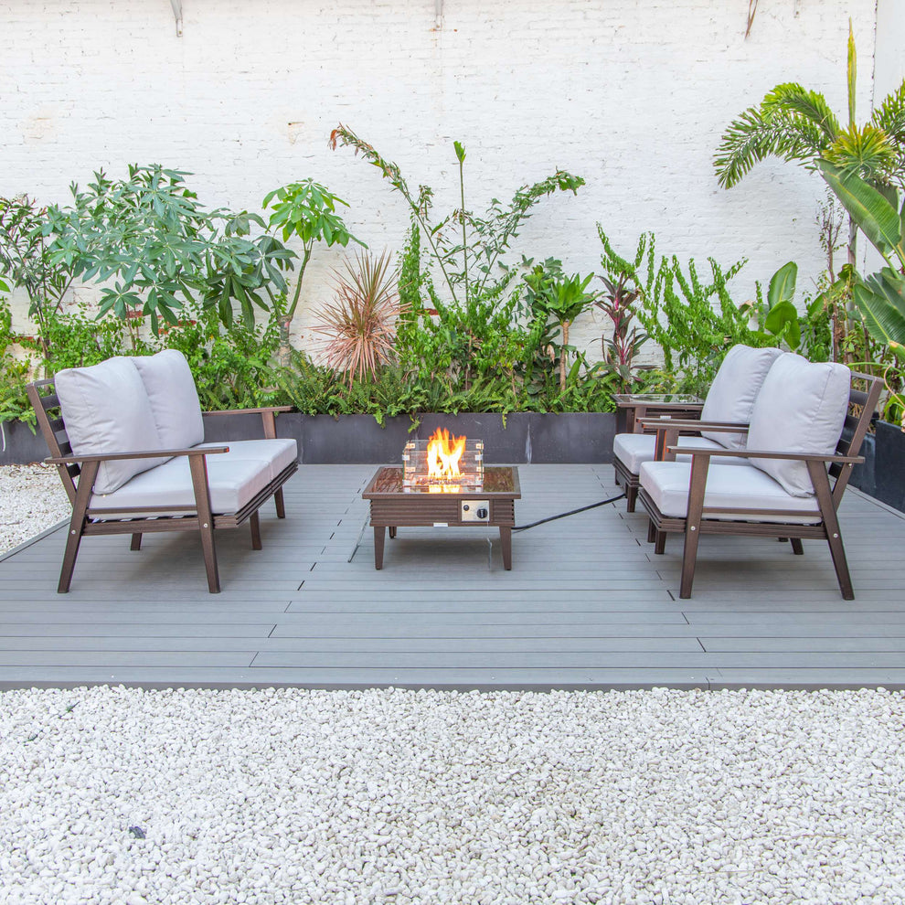 LeisureMod Walbrooke Modern Brown Patio Conversation With Square Fire Pit With Slats Design & Tank Holder | Outdoor Sofas, Loveseats & Sectionals | Modishstore - 53