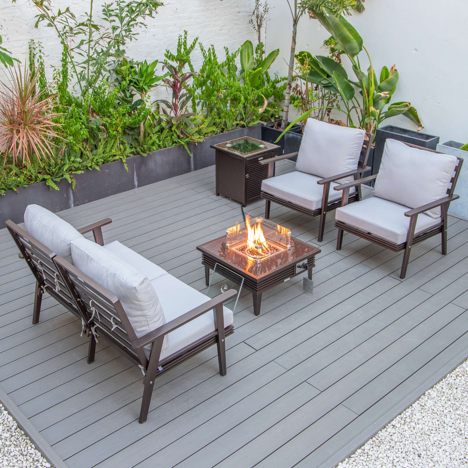 LeisureMod Walbrooke Modern Brown Patio Conversation With Square Fire Pit With Slats Design & Tank Holder | Outdoor Sofas, Loveseats & Sectionals | Modishstore - 52