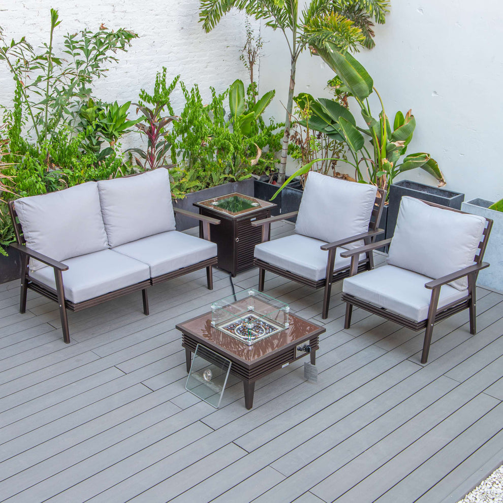 LeisureMod Walbrooke Modern Brown Patio Conversation With Square Fire Pit With Slats Design & Tank Holder | Outdoor Sofas, Loveseats & Sectionals | Modishstore - 54