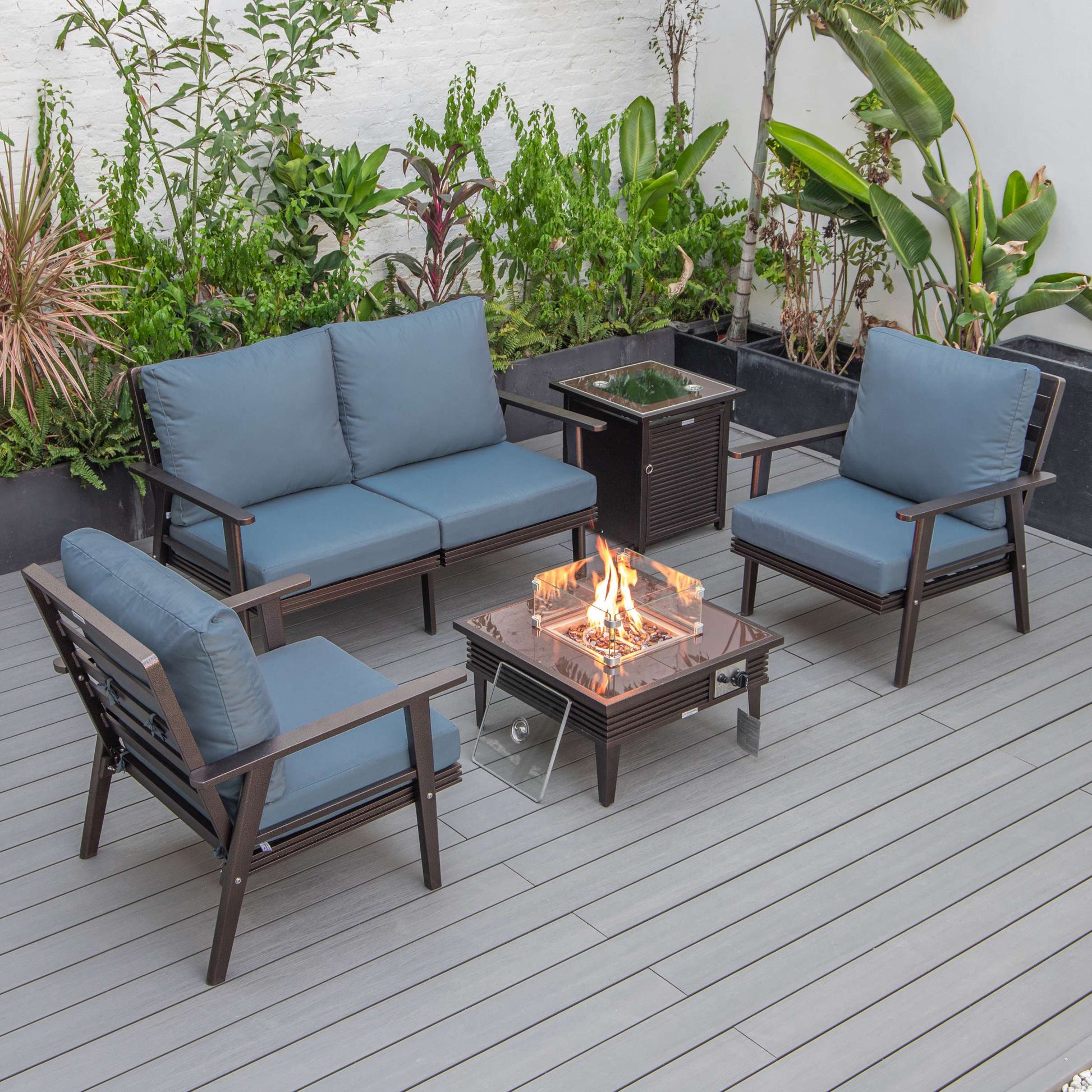 LeisureMod Walbrooke Modern Brown Patio Conversation With Square Fire Pit With Slats Design & Tank Holder | Outdoor Sofas, Loveseats & Sectionals | Modishstore - 24
