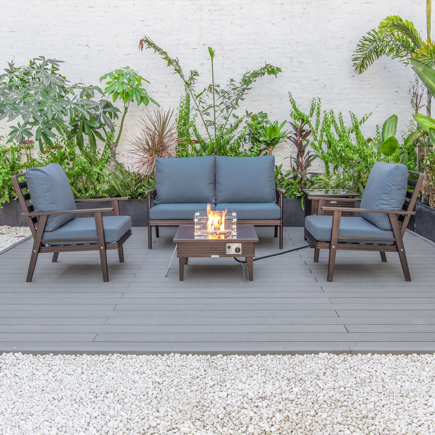 LeisureMod Walbrooke Modern Brown Patio Conversation With Square Fire Pit With Slats Design & Tank Holder | Outdoor Sofas, Loveseats & Sectionals | Modishstore - 20