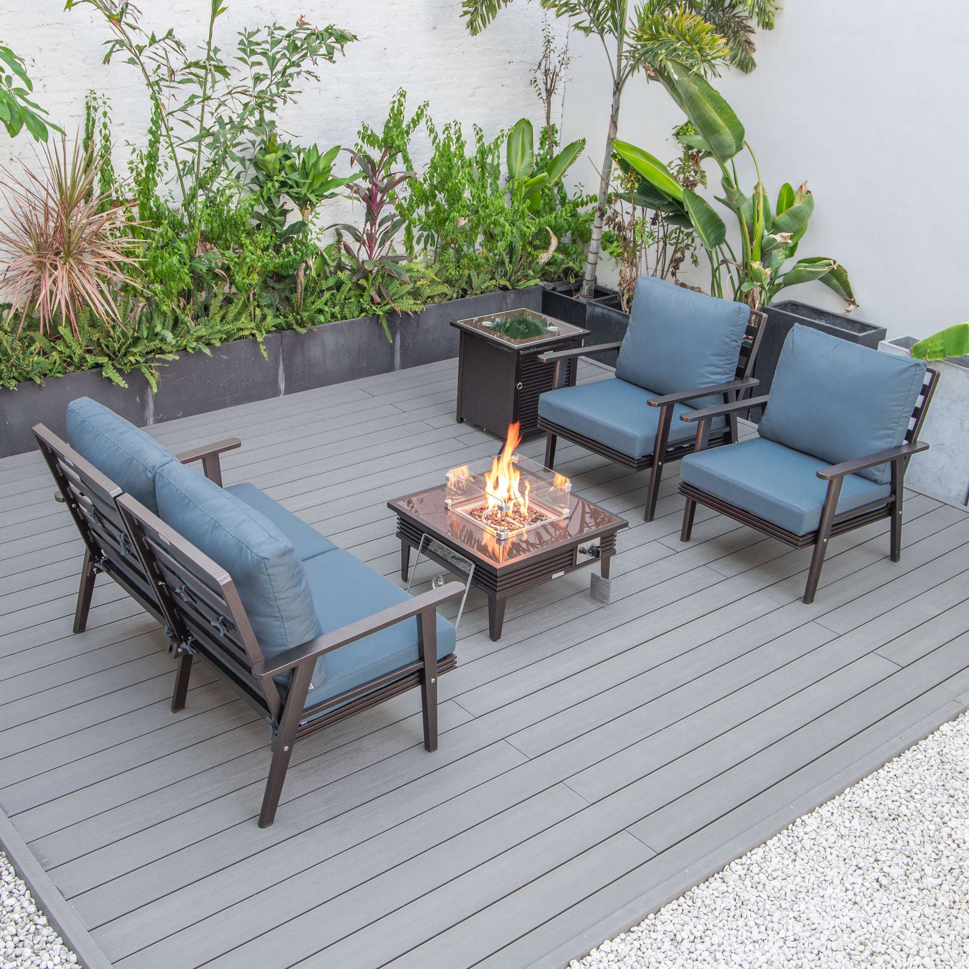 LeisureMod Walbrooke Modern Brown Patio Conversation With Square Fire Pit With Slats Design & Tank Holder | Outdoor Sofas, Loveseats & Sectionals | Modishstore - 22