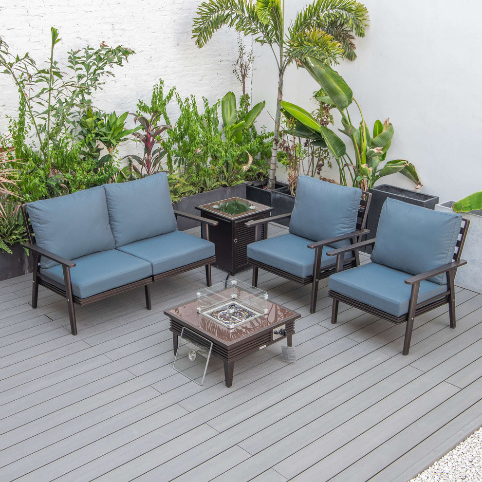 LeisureMod Walbrooke Modern Brown Patio Conversation With Square Fire Pit With Slats Design & Tank Holder | Outdoor Sofas, Loveseats & Sectionals | Modishstore - 23