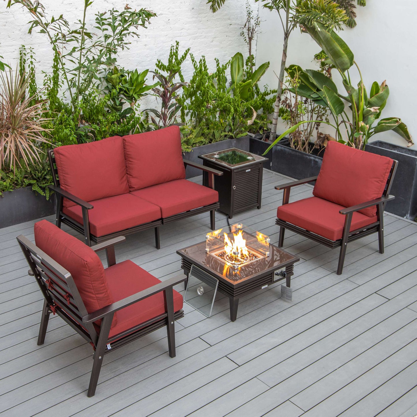 LeisureMod Walbrooke Modern Brown Patio Conversation With Square Fire Pit With Slats Design & Tank Holder | Outdoor Sofas, Loveseats & Sectionals | Modishstore - 79