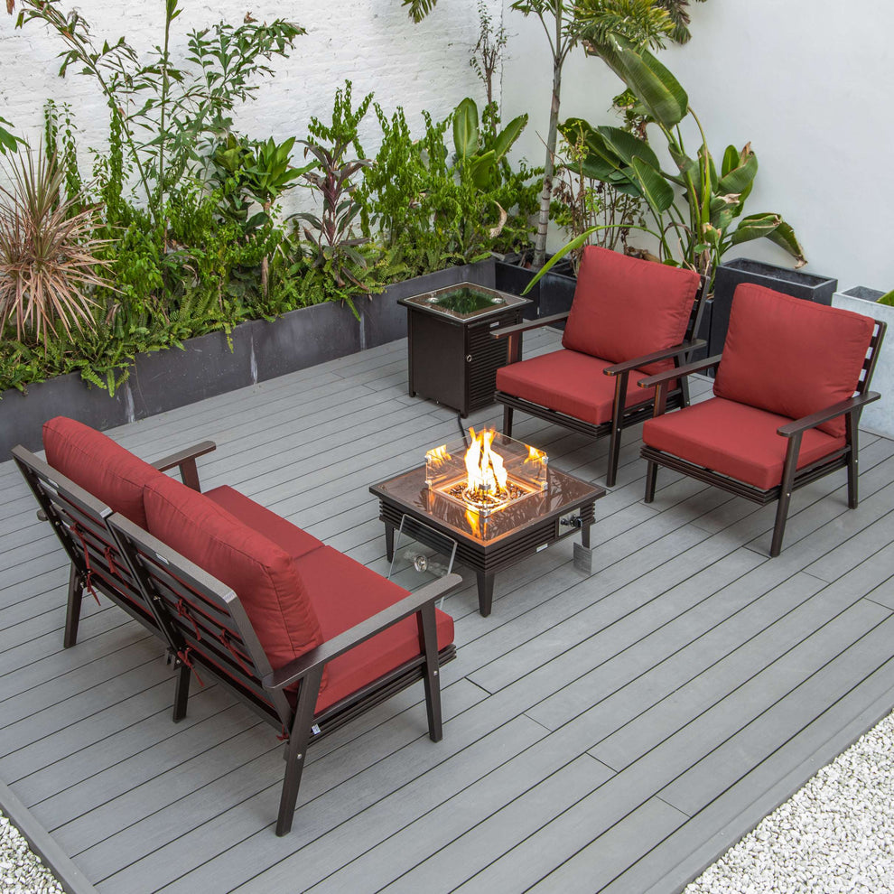 LeisureMod Walbrooke Modern Brown Patio Conversation With Square Fire Pit With Slats Design & Tank Holder | Outdoor Sofas, Loveseats & Sectionals | Modishstore - 76