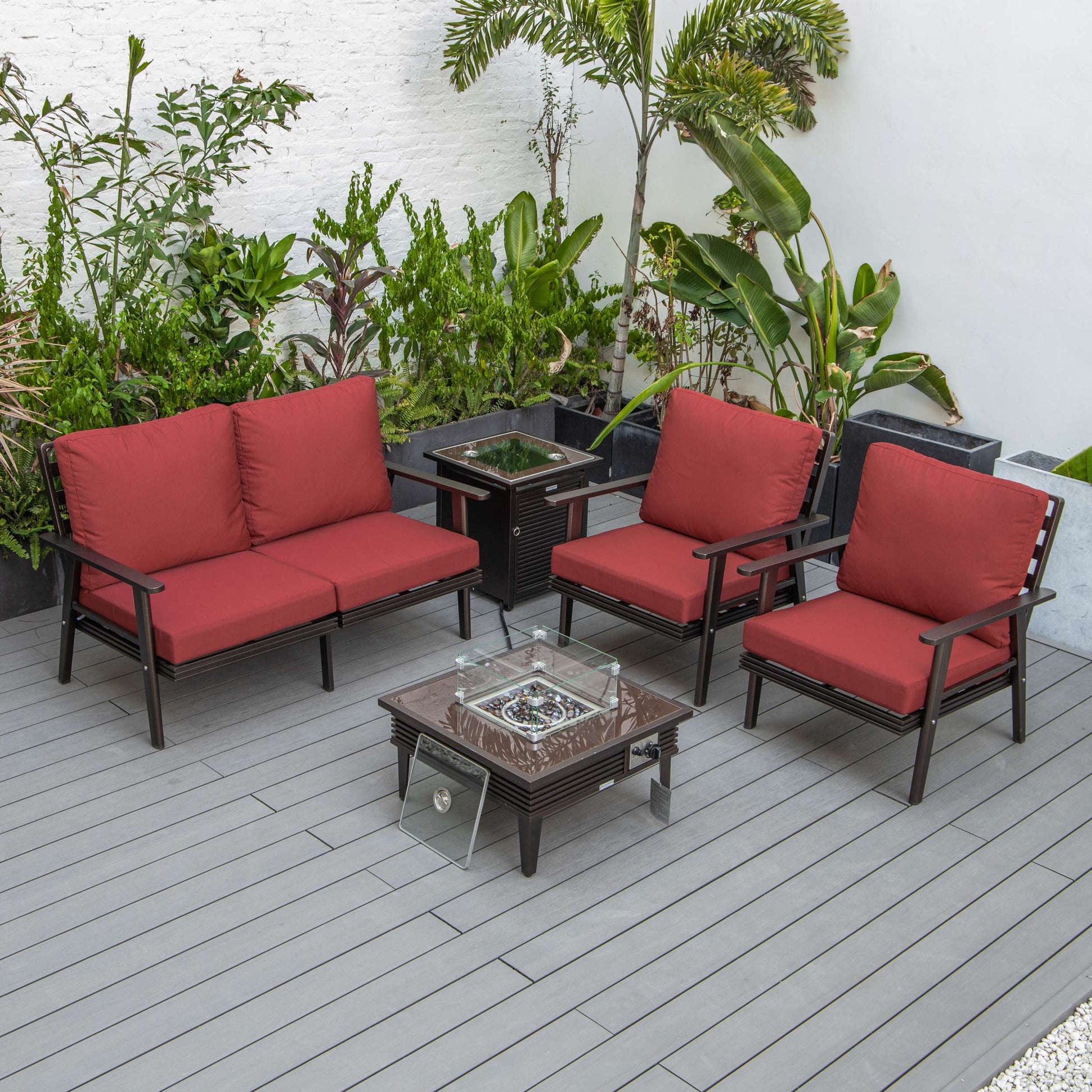 LeisureMod Walbrooke Modern Brown Patio Conversation With Square Fire Pit & Tank Holder | Outdoor Sofas, Loveseats & Sectionals | Modishstore - 212