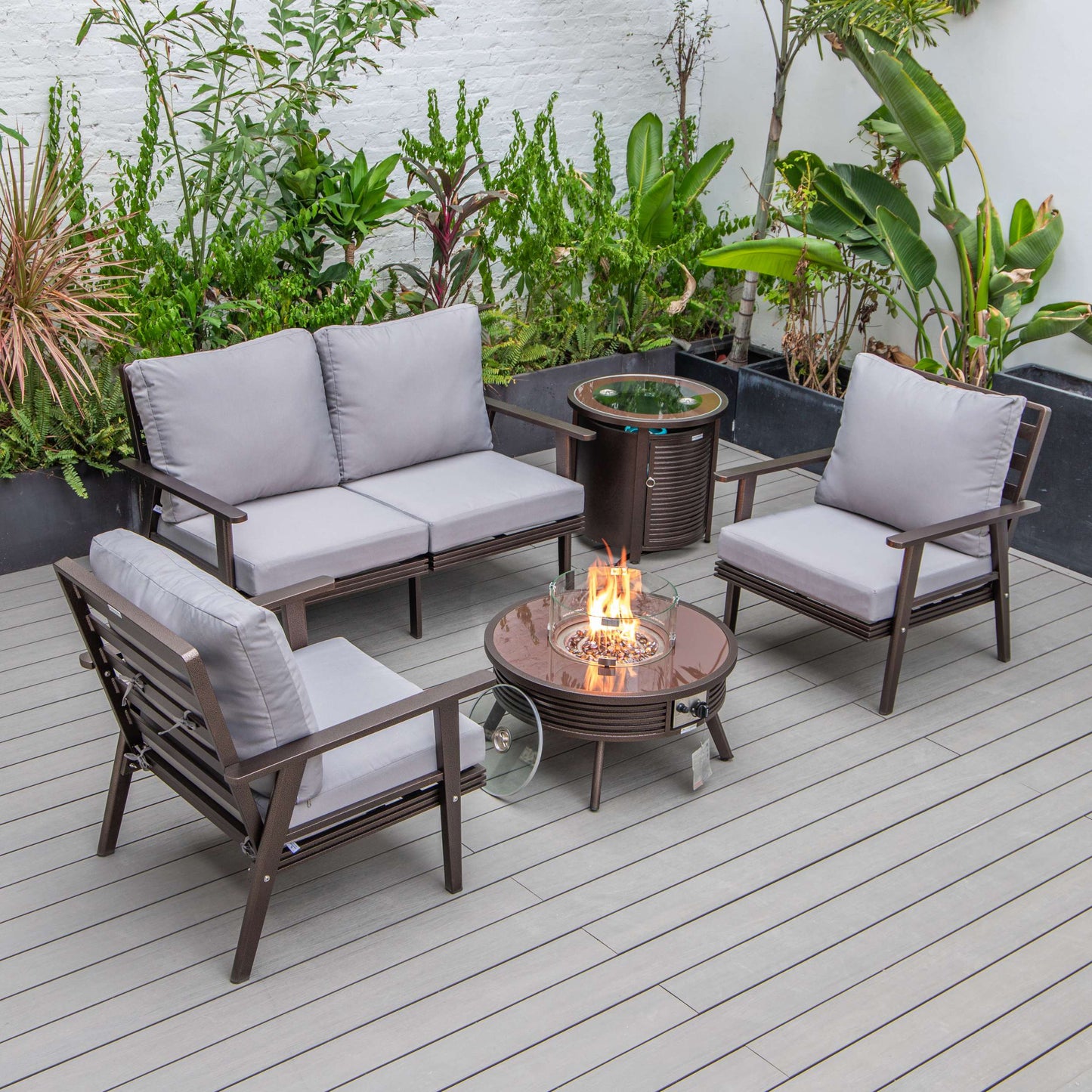 LeisureMod Walbrooke Modern Brown Patio Conversation With Round Fire Pit With Slats Design & Tank Holder | Outdoor Sofas, Loveseats & Sectionals | Modishstore - 34