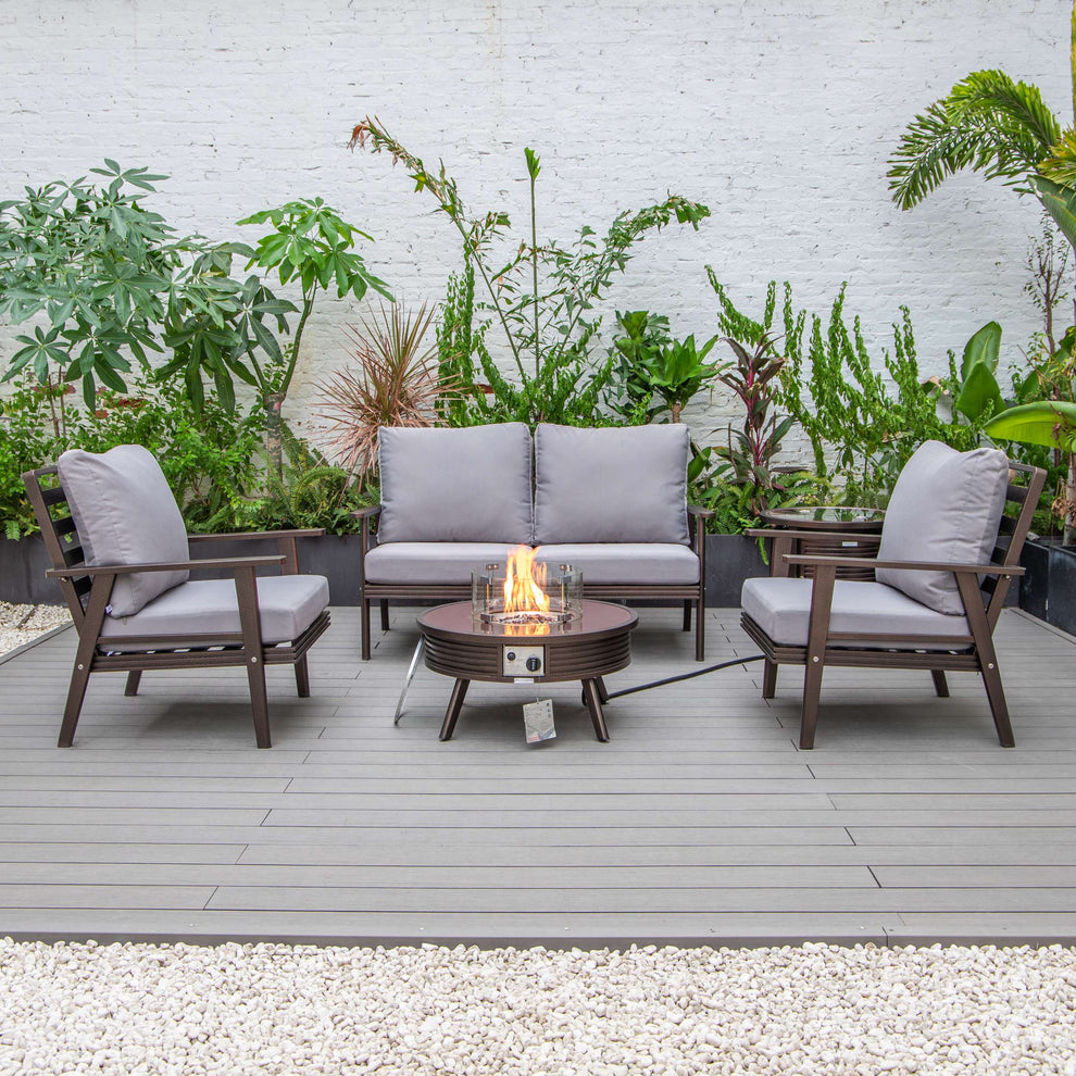 LeisureMod Walbrooke Modern Brown Patio Conversation With Round Fire Pit With Slats Design & Tank Holder | Outdoor Sofas, Loveseats & Sectionals | Modishstore - 35