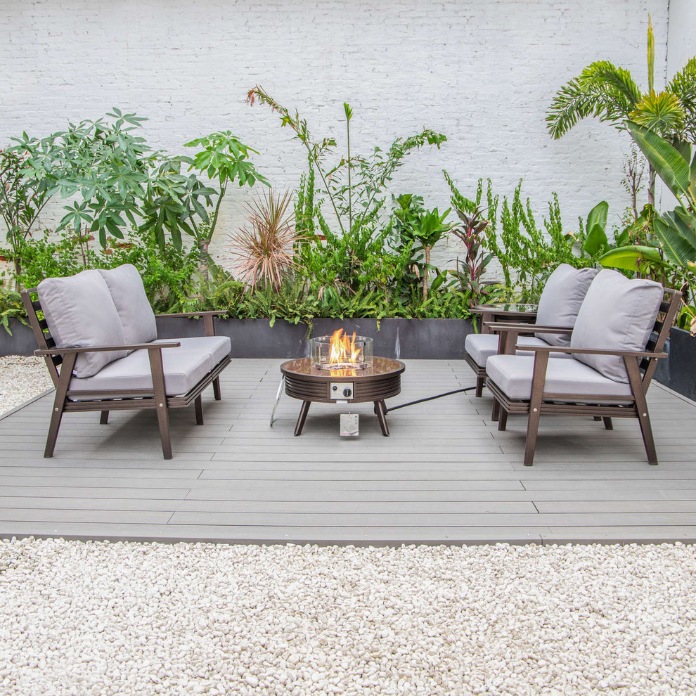 LeisureMod Walbrooke Modern Brown Patio Conversation With Round Fire Pit With Slats Design & Tank Holder | Outdoor Sofas, Loveseats & Sectionals | Modishstore - 31