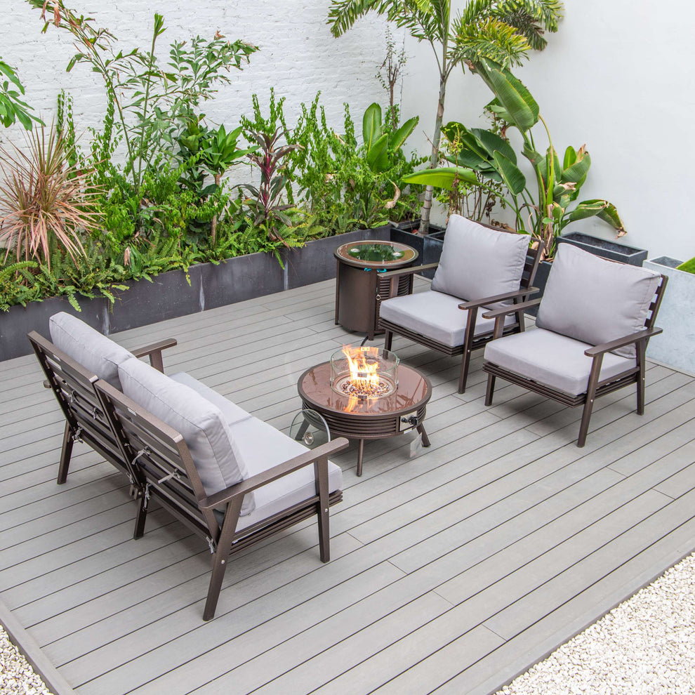 LeisureMod Walbrooke Modern Brown Patio Conversation With Round Fire Pit With Slats Design & Tank Holder | Outdoor Sofas, Loveseats & Sectionals | Modishstore - 32