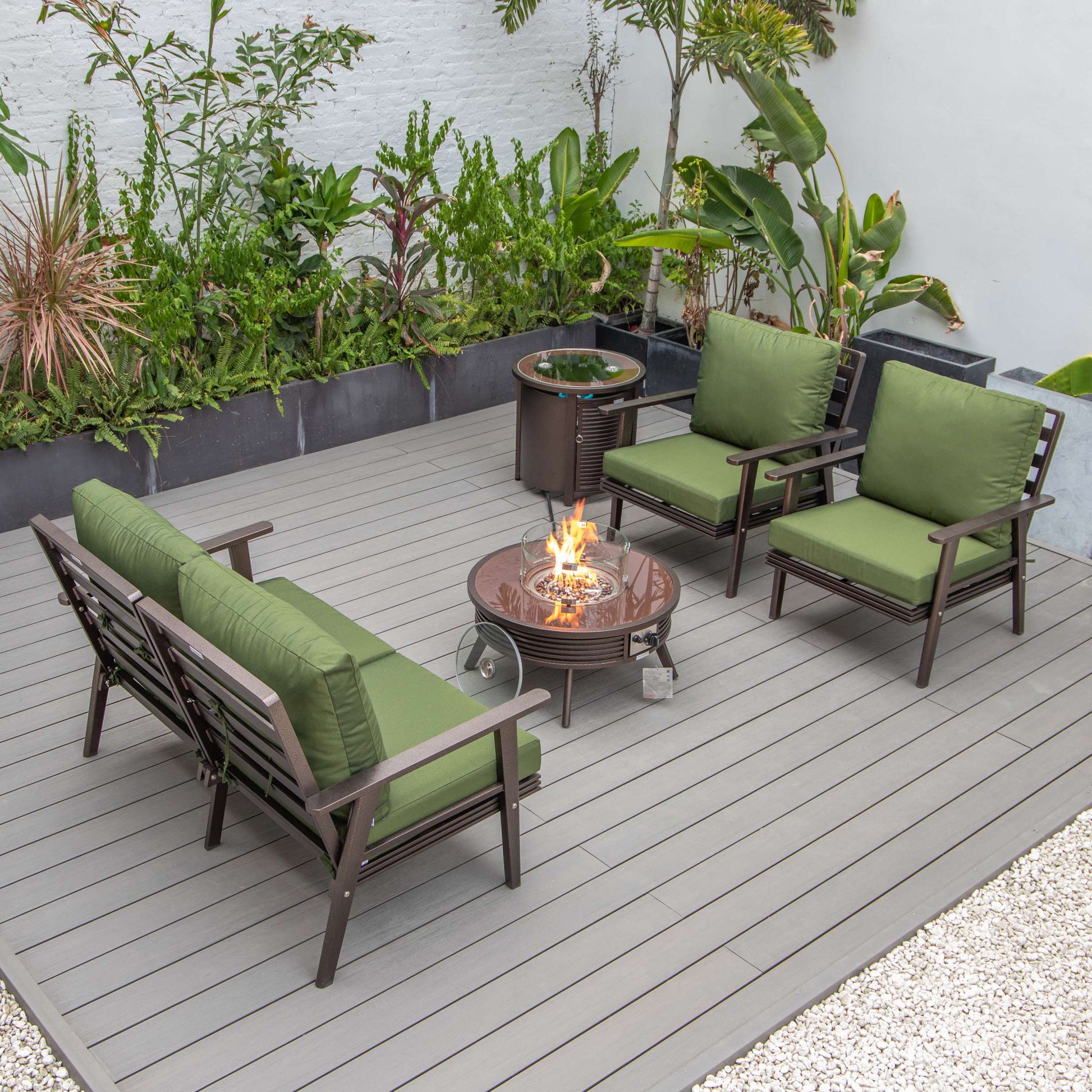 LeisureMod Walbrooke Modern Brown Patio Conversation With Round Fire Pit With Slats Design & Tank Holder | Outdoor Sofas, Loveseats & Sectionals | Modishstore - 37