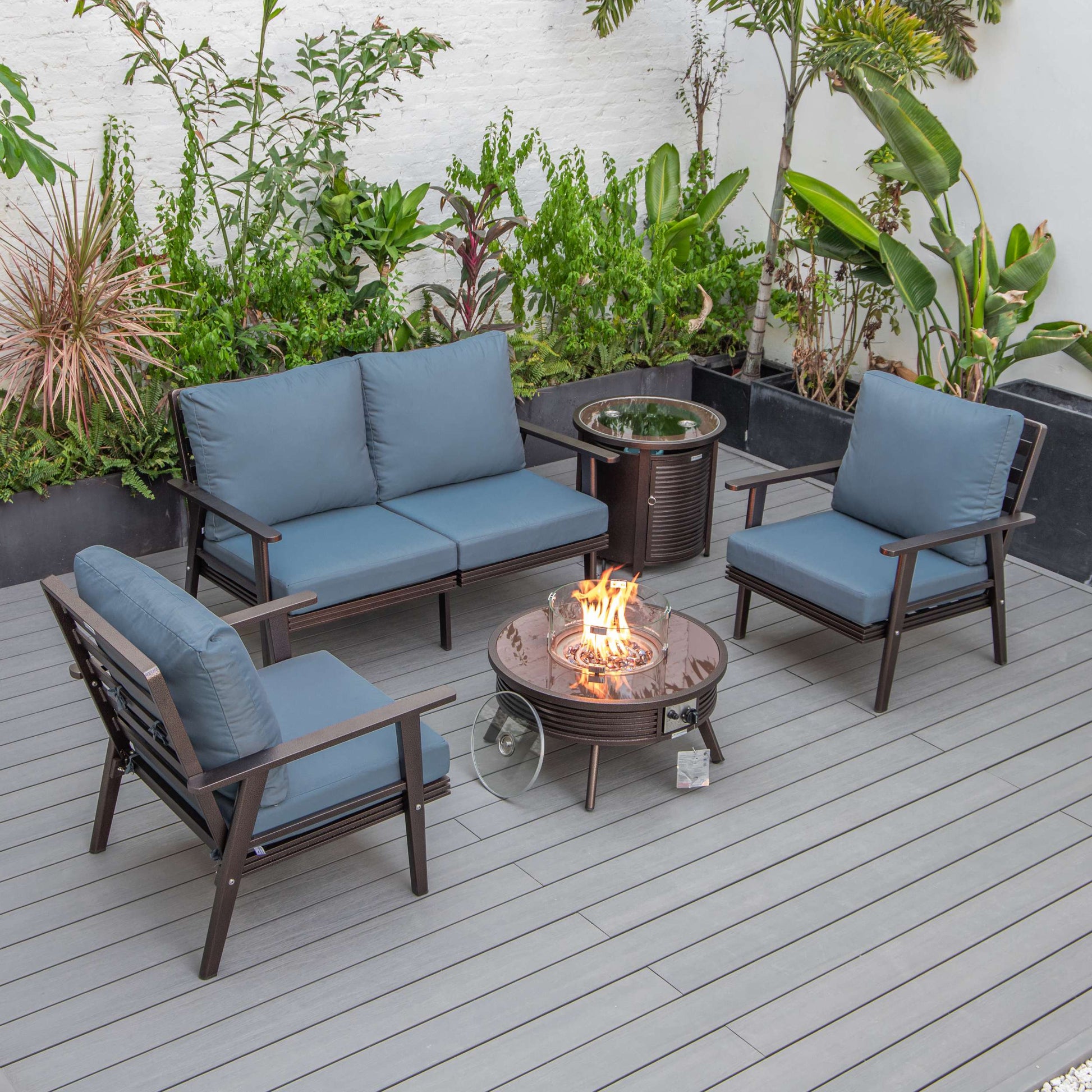 LeisureMod Walbrooke Modern Brown Patio Conversation With Round Fire Pit With Slats Design & Tank Holder | Outdoor Sofas, Loveseats & Sectionals | Modishstore - 14