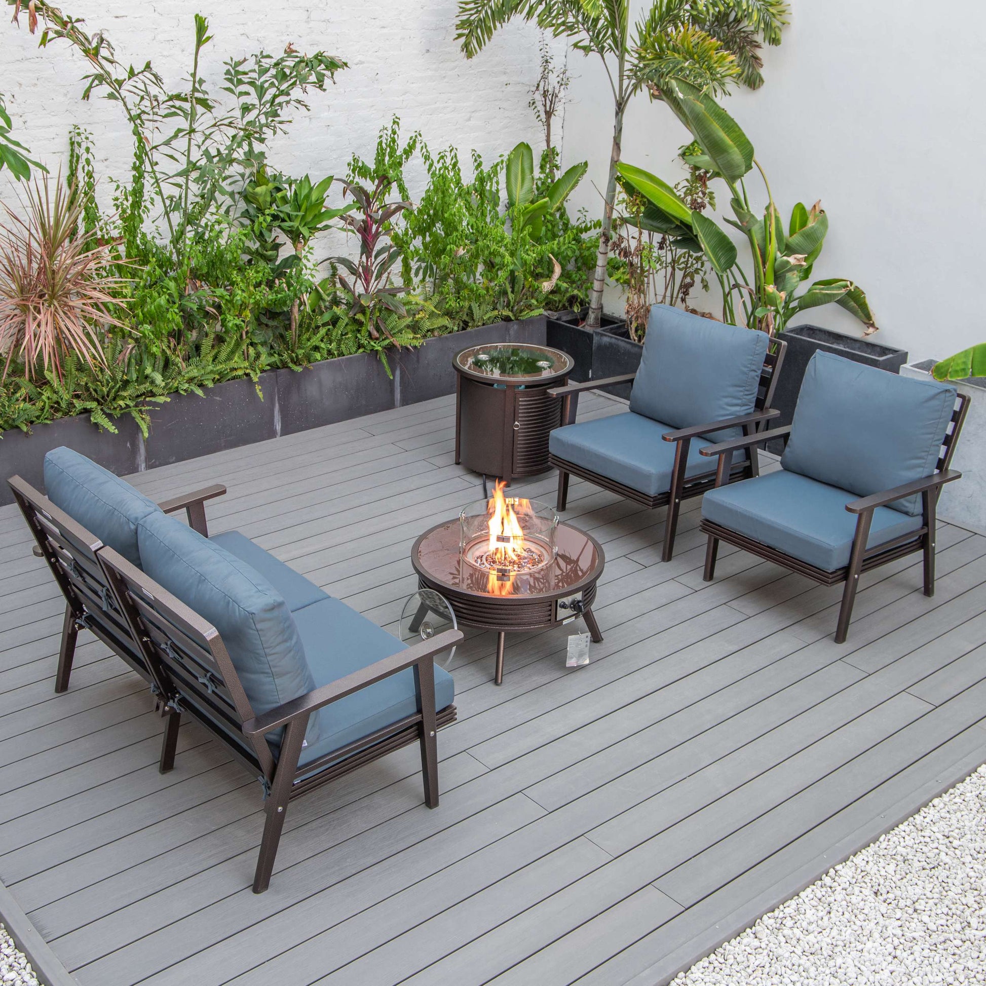 LeisureMod Walbrooke Modern Brown Patio Conversation With Round Fire Pit With Slats Design & Tank Holder | Outdoor Sofas, Loveseats & Sectionals | Modishstore - 11