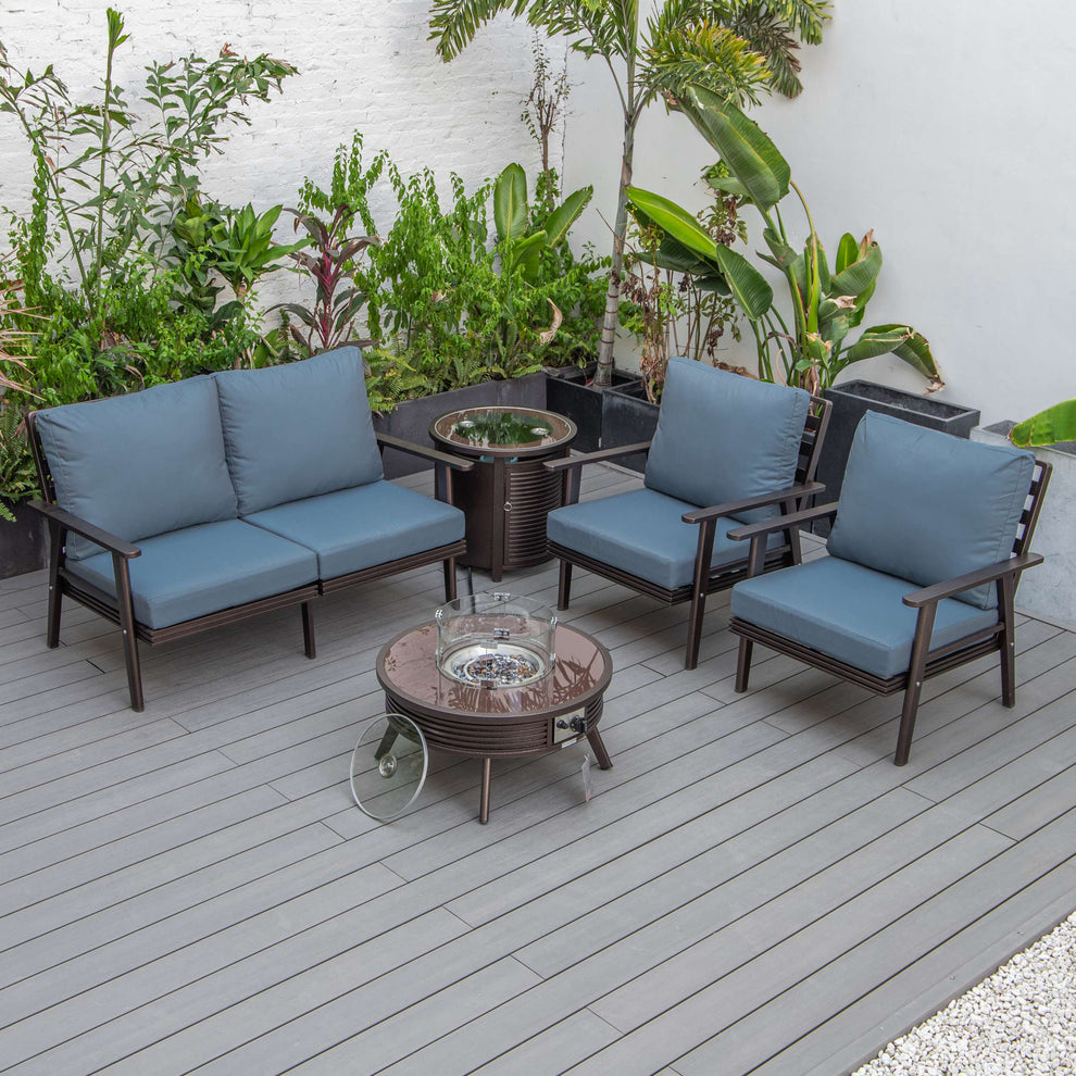 LeisureMod Walbrooke Modern Brown Patio Conversation With Round Fire Pit With Slats Design & Tank Holder | Outdoor Sofas, Loveseats & Sectionals | Modishstore - 13