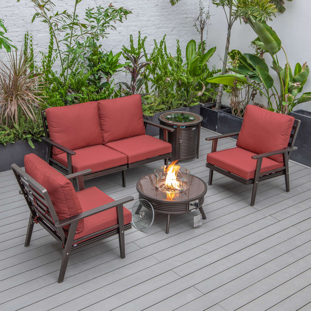 LeisureMod Walbrooke Modern Brown Patio Conversation With Round Fire Pit With Slats Design & Tank Holder | Outdoor Sofas, Loveseats & Sectionals | Modishstore - 45