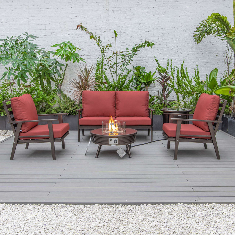 LeisureMod Walbrooke Modern Brown Patio Conversation With Round Fire Pit With Slats Design & Tank Holder | Outdoor Sofas, Loveseats & Sectionals | Modishstore - 47