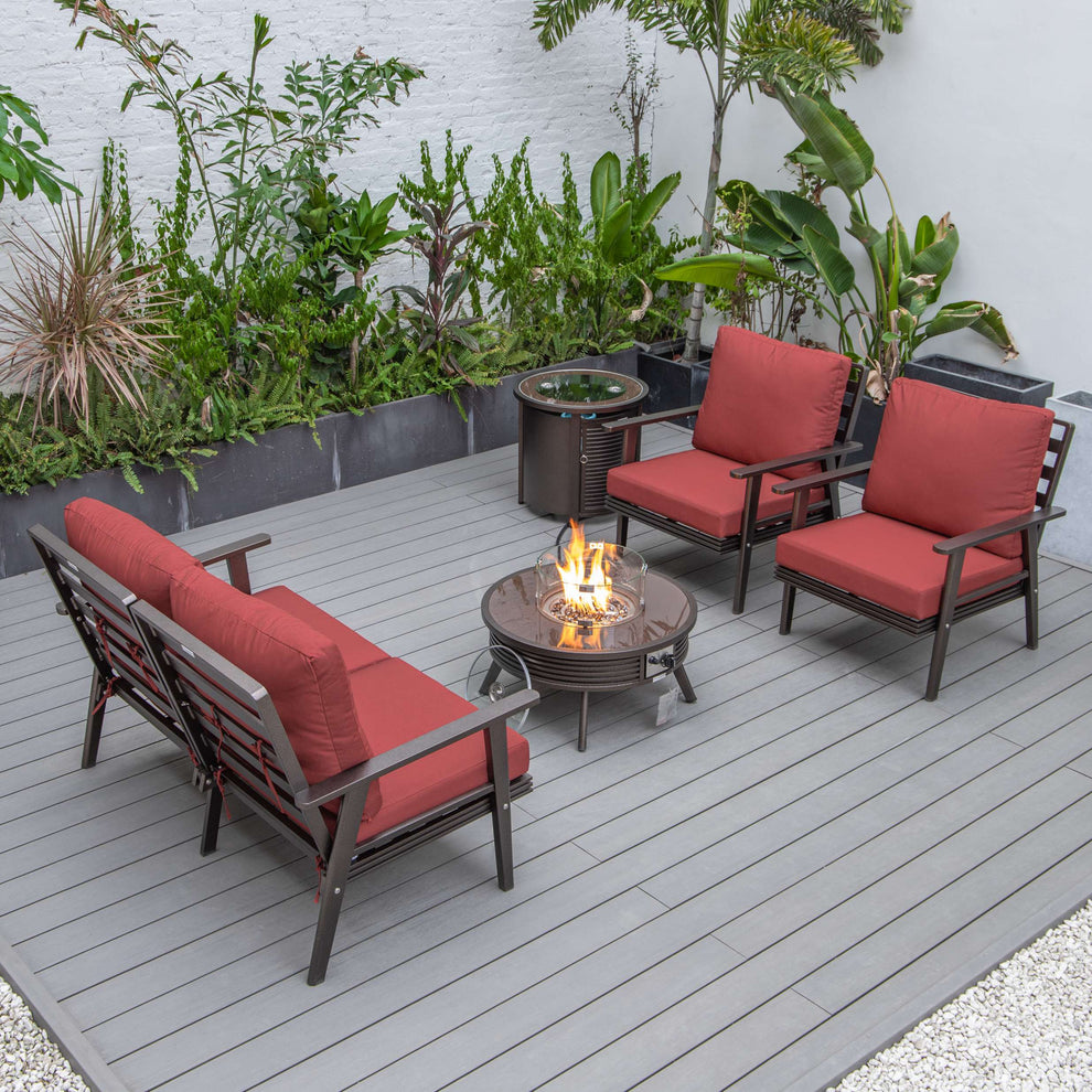 LeisureMod Walbrooke Modern Brown Patio Conversation With Round Fire Pit With Slats Design & Tank Holder | Outdoor Sofas, Loveseats & Sectionals | Modishstore - 42