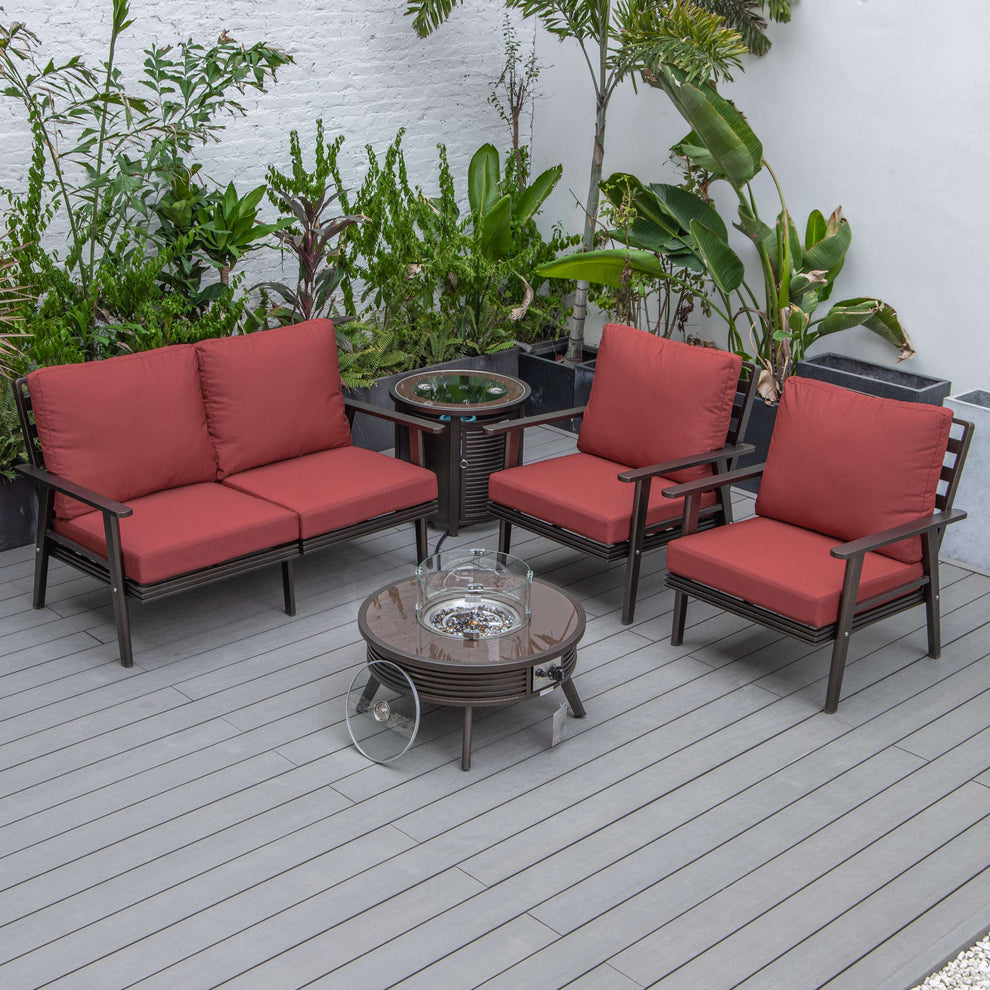 LeisureMod Walbrooke Modern Brown Patio Conversation With Round Fire Pit With Slats Design & Tank Holder | Outdoor Sofas, Loveseats & Sectionals | Modishstore - 43