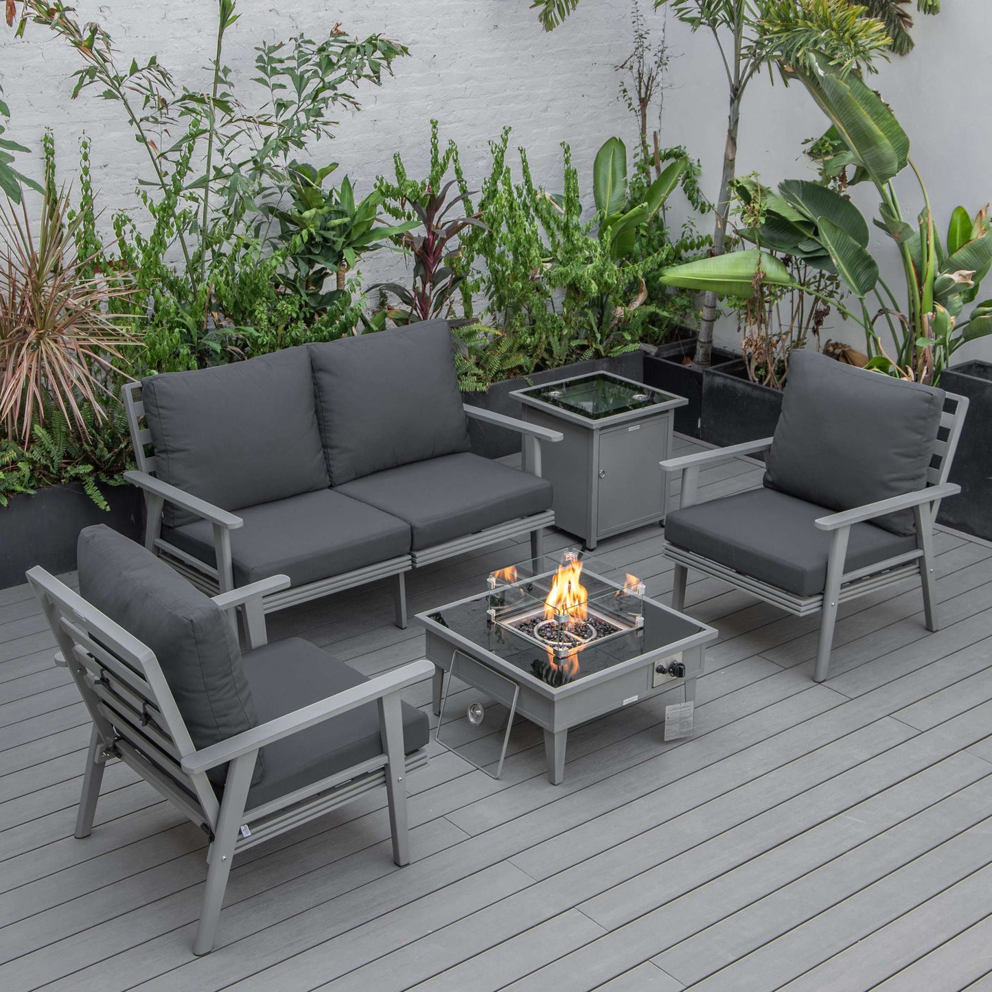 LeisureMod Walbrooke Modern Grey Patio Conversation With Square Fire Pit & Tank Holder | Outdoor Sofas, Loveseats & Sectionals | Modishstore - 8