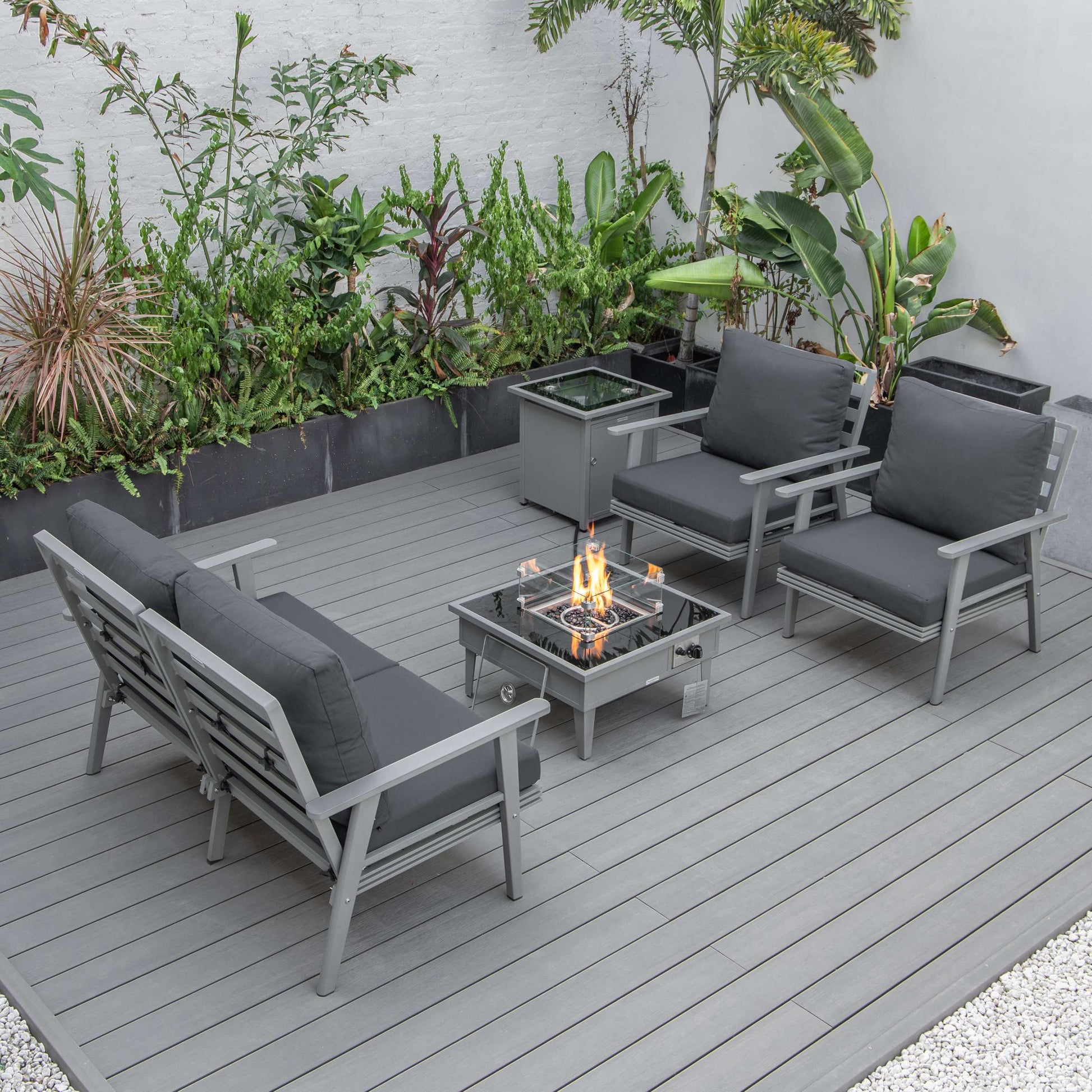 LeisureMod Walbrooke Modern Grey Patio Conversation With Square Fire Pit & Tank Holder | Outdoor Sofas, Loveseats & Sectionals | Modishstore - 5