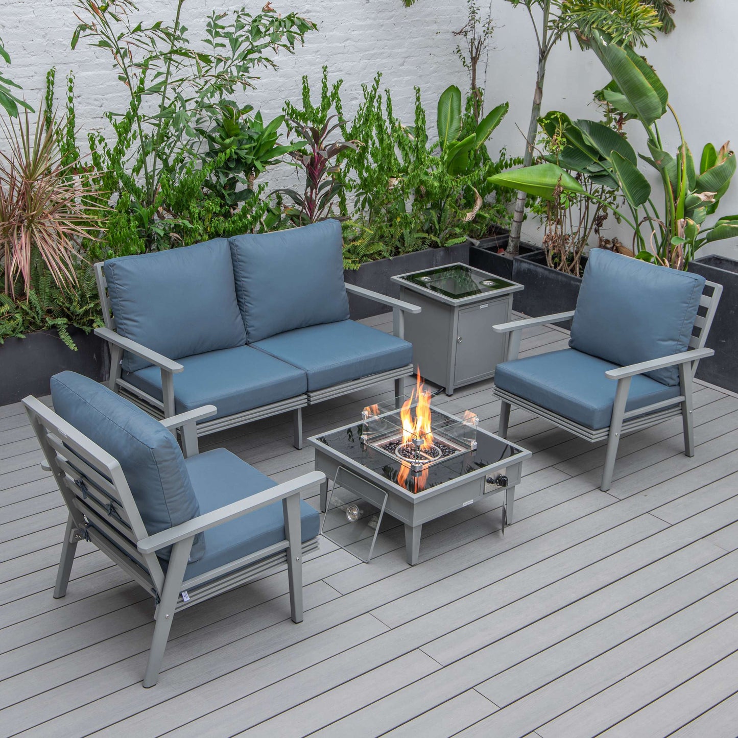 LeisureMod Walbrooke Modern Grey Patio Conversation With Square Fire Pit & Tank Holder | Outdoor Sofas, Loveseats & Sectionals | Modishstore - 23