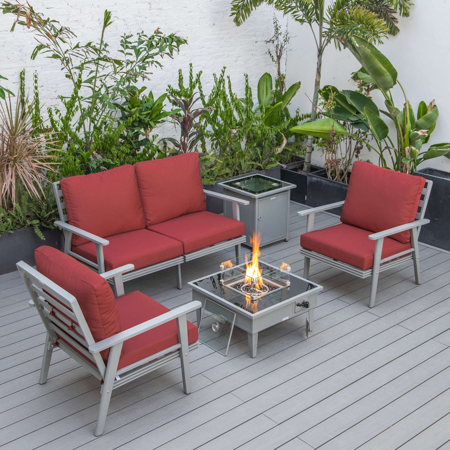 LeisureMod Walbrooke Modern Grey Patio Conversation With Square Fire Pit & Tank Holder | Outdoor Sofas, Loveseats & Sectionals | Modishstore - 63