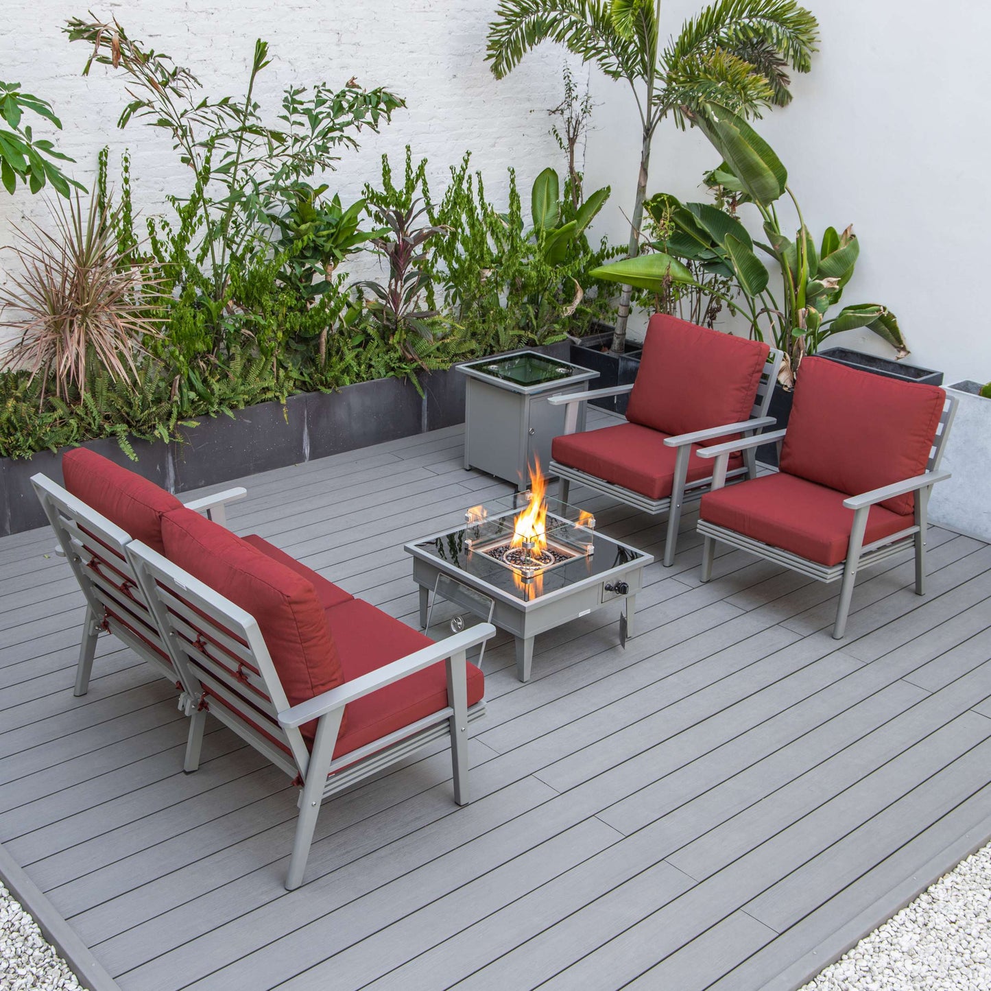 LeisureMod Walbrooke Modern Grey Patio Conversation With Square Fire Pit & Tank Holder | Outdoor Sofas, Loveseats & Sectionals | Modishstore - 61