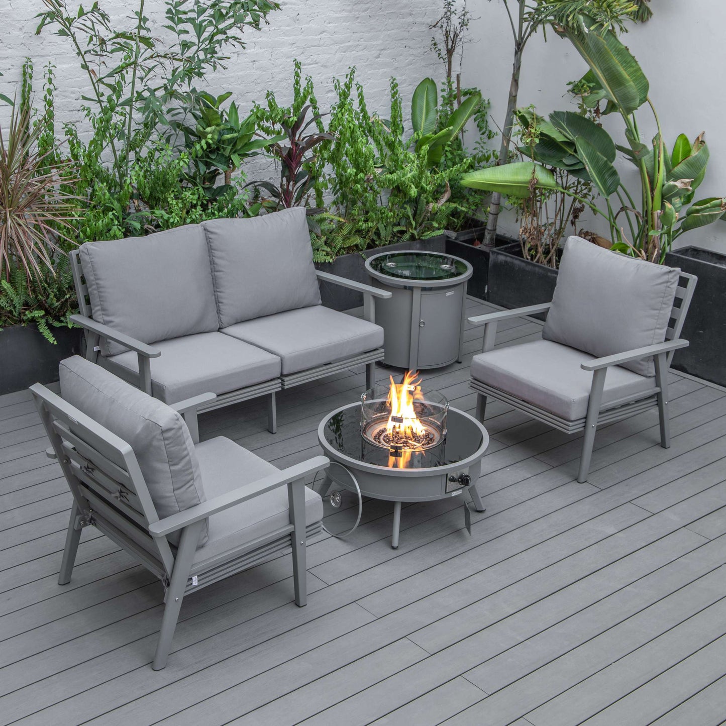LeisureMod Walbrooke Modern Grey Patio Conversation With Round Fire Pit & Tank Holder | Outdoor Sofas, Loveseats & Sectionals | Modishstore - 38