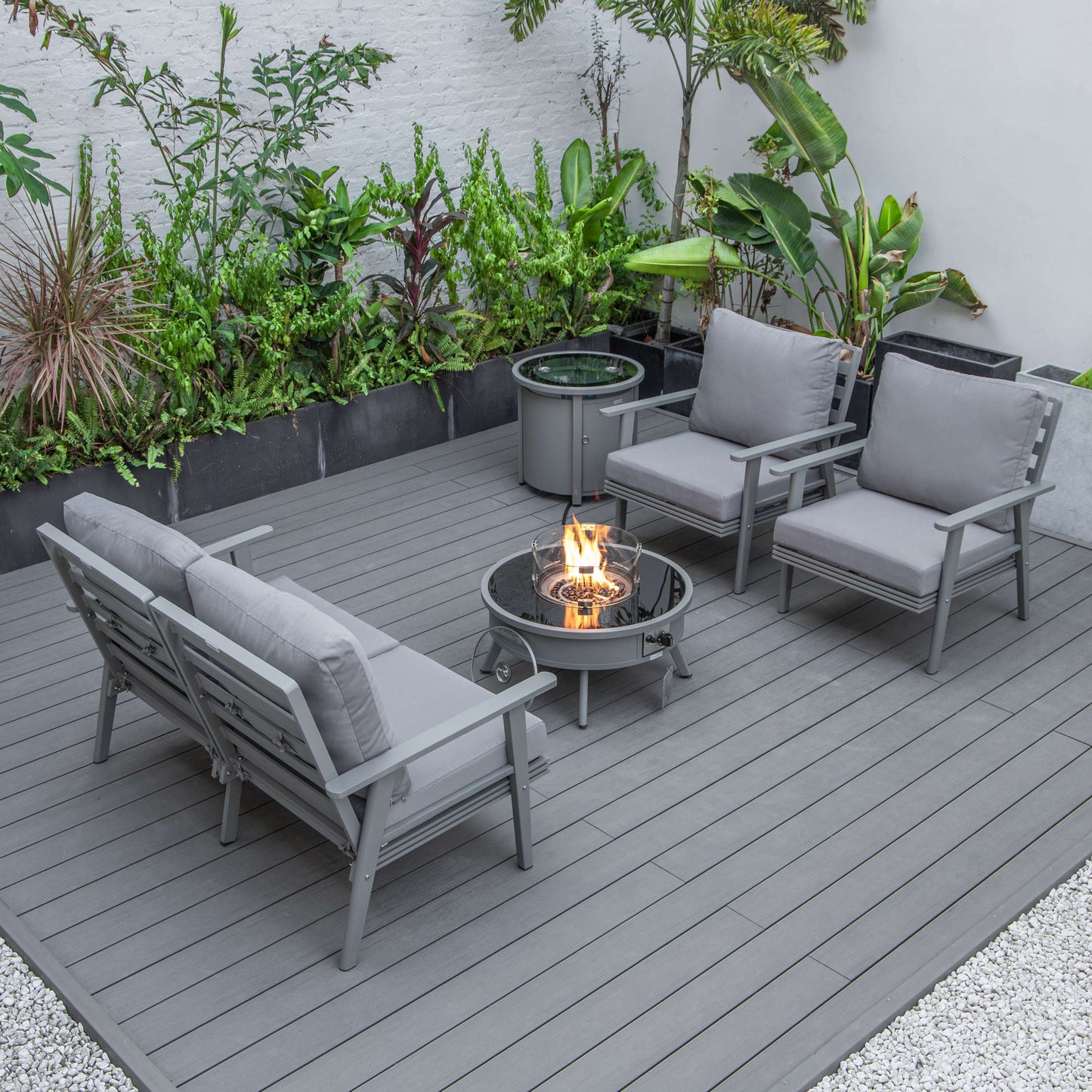 LeisureMod Walbrooke Modern Grey Patio Conversation With Round Fire Pit & Tank Holder | Outdoor Sofas, Loveseats & Sectionals | Modishstore - 35