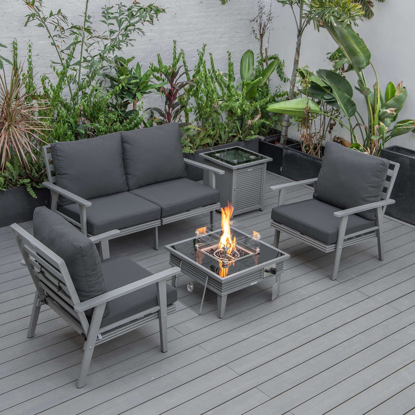 LeisureMod Walbrooke Modern Grey Patio Conversation With Square Fire Pit With Slats Design & Tank Holder | Outdoor Sofas, Loveseats & Sectionals | Modishstore - 4
