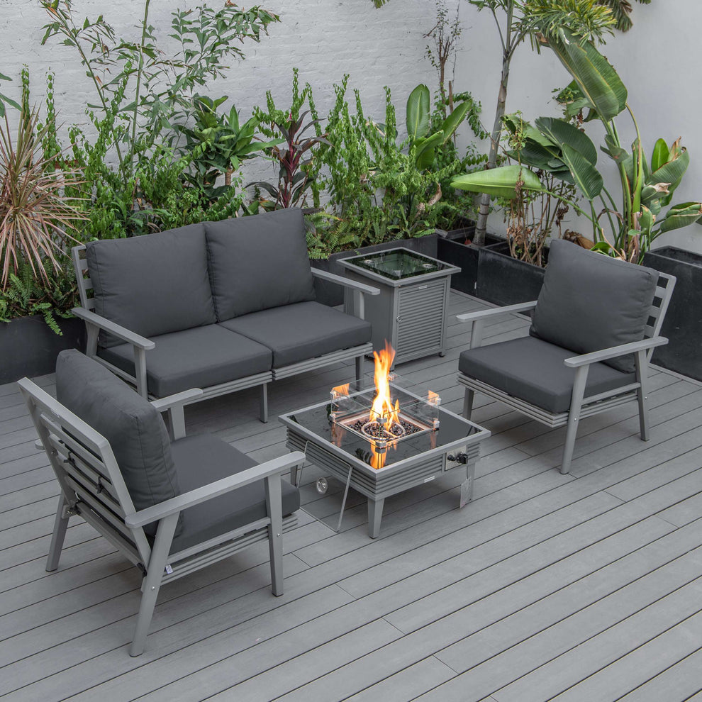 LeisureMod Walbrooke Modern Grey Patio Conversation With Square Fire Pit With Slats Design & Tank Holder | Outdoor Sofas, Loveseats & Sectionals | Modishstore - 4