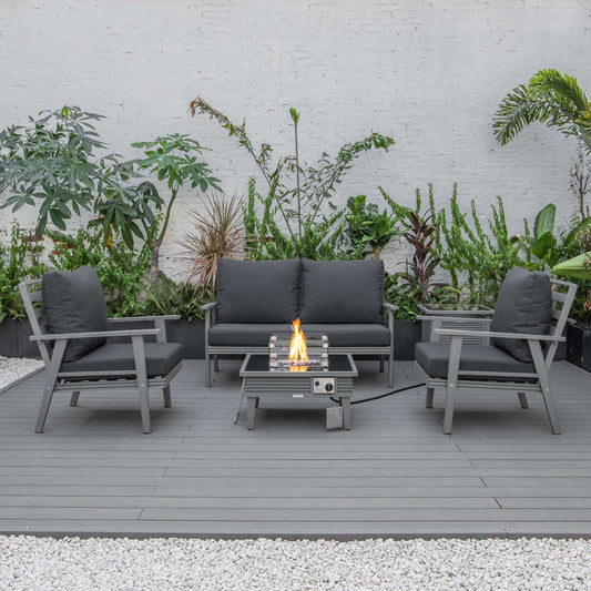 LeisureMod Walbrooke Modern Grey Patio Conversation With Square Fire Pit With Slats Design & Tank Holder | Outdoor Sofas, Loveseats & Sectionals | Modishstore