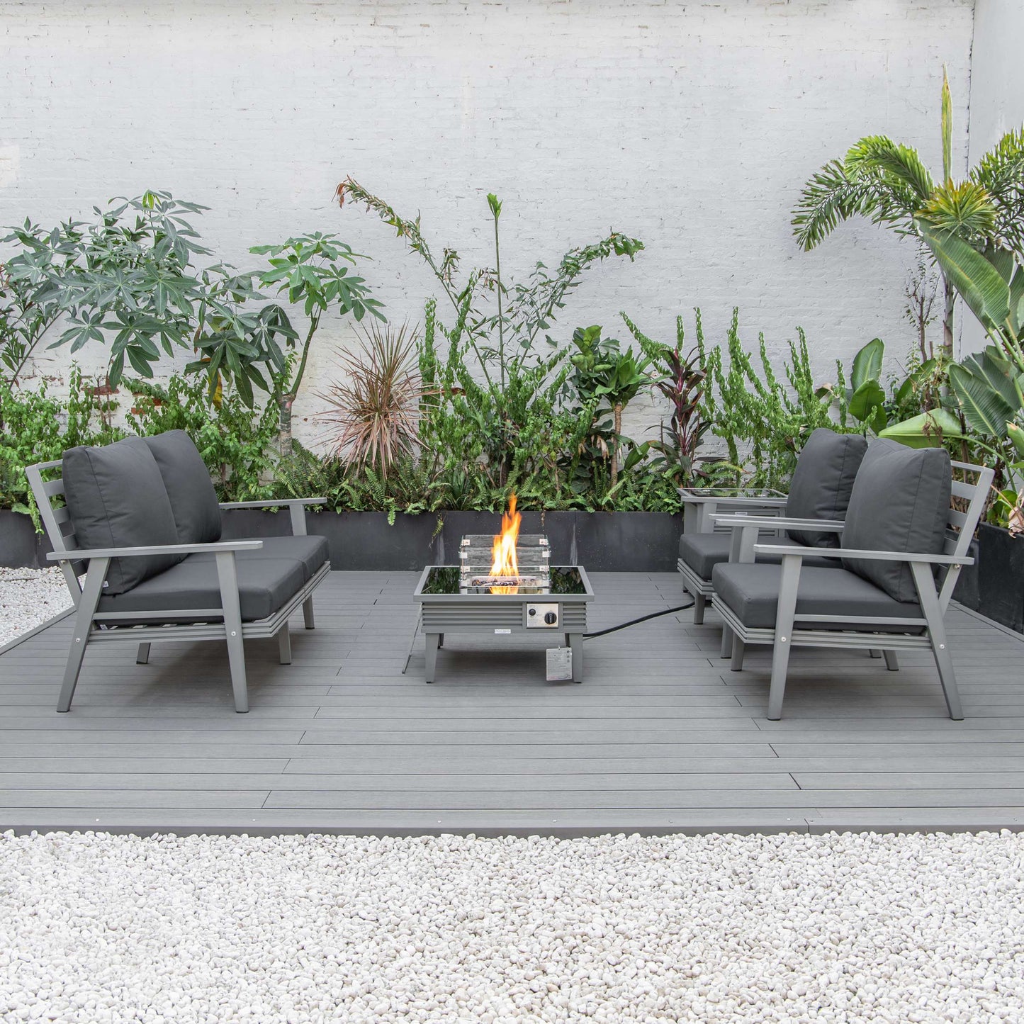 LeisureMod Walbrooke Modern Grey Patio Conversation With Square Fire Pit With Slats Design & Tank Holder | Outdoor Sofas, Loveseats & Sectionals | Modishstore - 2