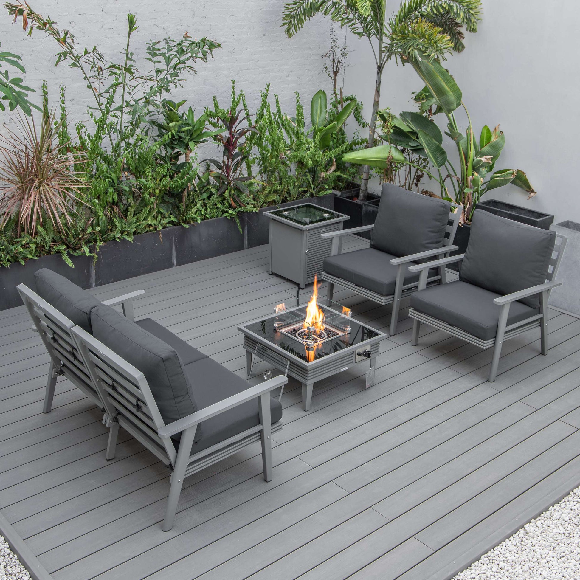 LeisureMod Walbrooke Modern Grey Patio Conversation With Square Fire Pit With Slats Design & Tank Holder | Outdoor Sofas, Loveseats & Sectionals | Modishstore - 3
