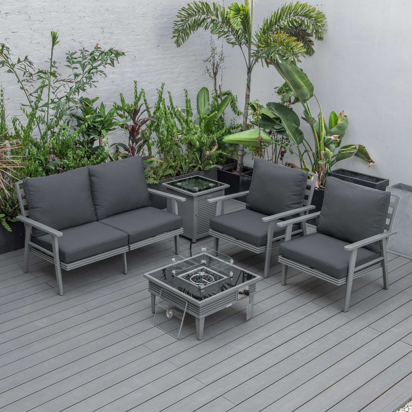 LeisureMod Walbrooke Modern Grey Patio Conversation With Square Fire Pit With Slats Design & Tank Holder | Outdoor Sofas, Loveseats & Sectionals | Modishstore - 5
