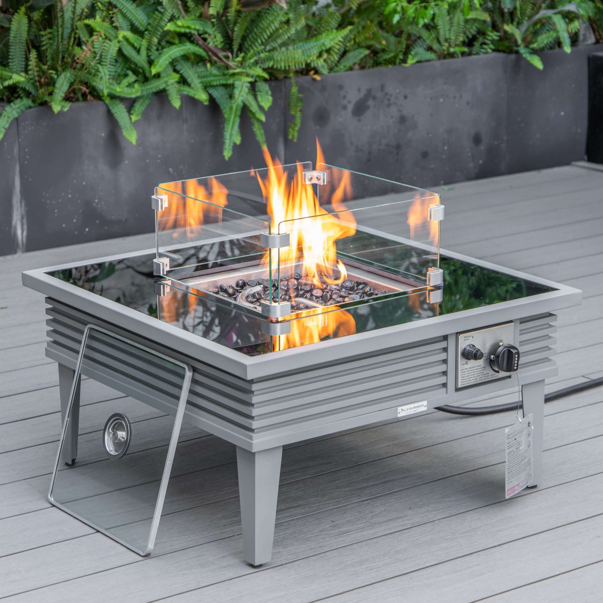 LeisureMod Walbrooke Modern Grey Patio Conversation With Square Fire Pit With Slats Design & Tank Holder | Outdoor Sofas, Loveseats & Sectionals | Modishstore - 9
