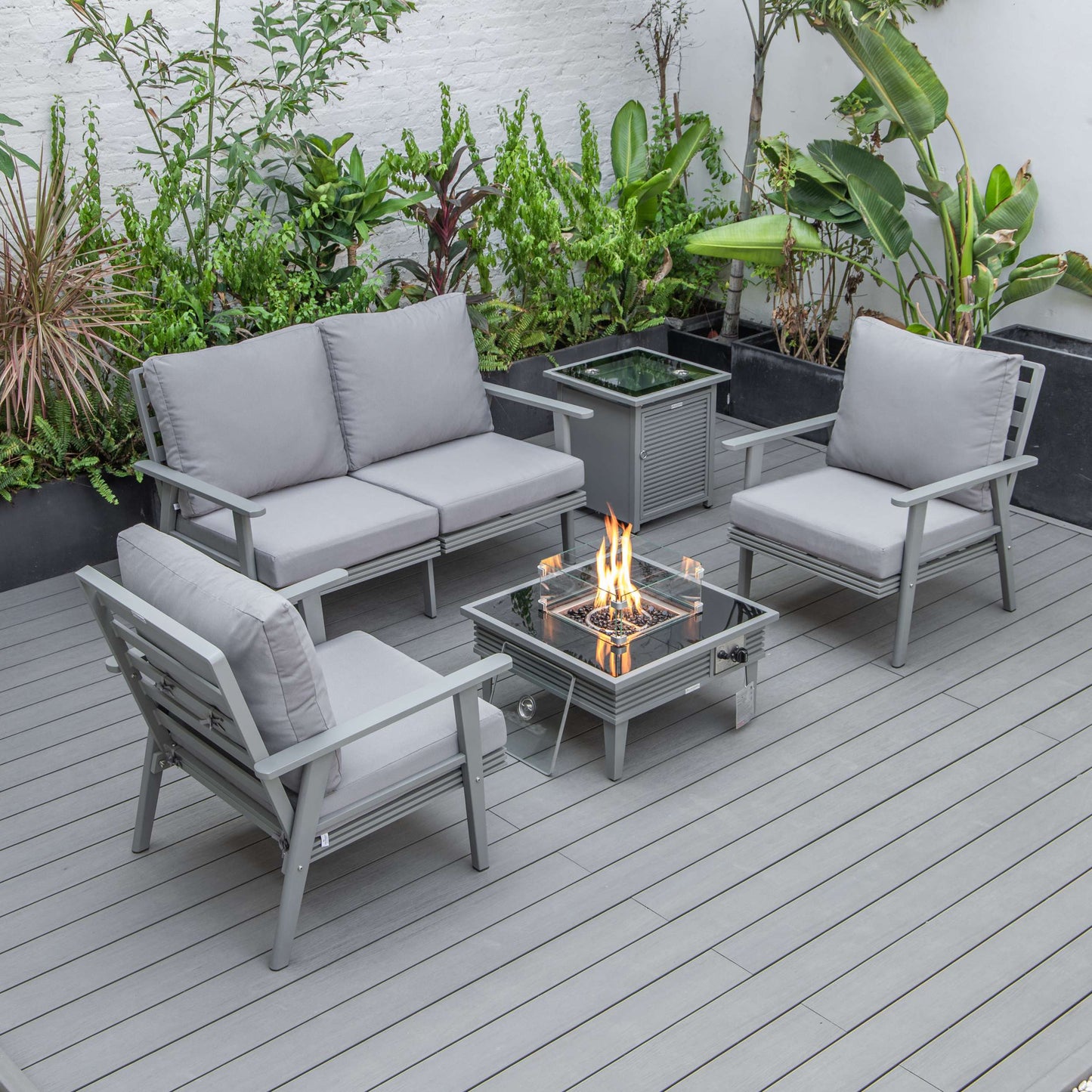 LeisureMod Walbrooke Modern Grey Patio Conversation With Square Fire Pit With Slats Design & Tank Holder | Outdoor Sofas, Loveseats & Sectionals | Modishstore - 63