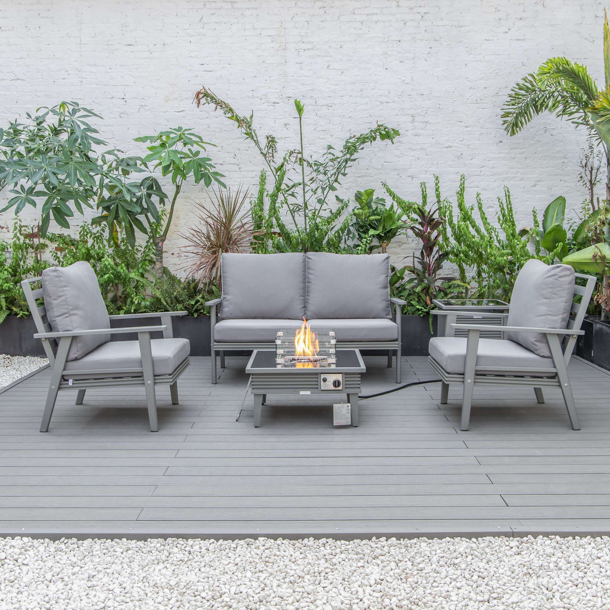 LeisureMod Walbrooke Modern Grey Patio Conversation With Square Fire Pit With Slats Design & Tank Holder | Outdoor Sofas, Loveseats & Sectionals | Modishstore - 59