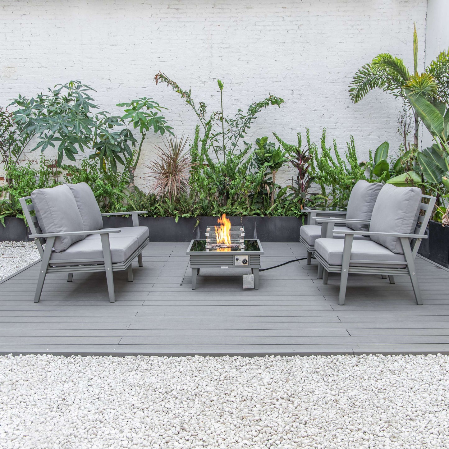 LeisureMod Walbrooke Modern Grey Patio Conversation With Square Fire Pit With Slats Design & Tank Holder | Outdoor Sofas, Loveseats & Sectionals | Modishstore - 61