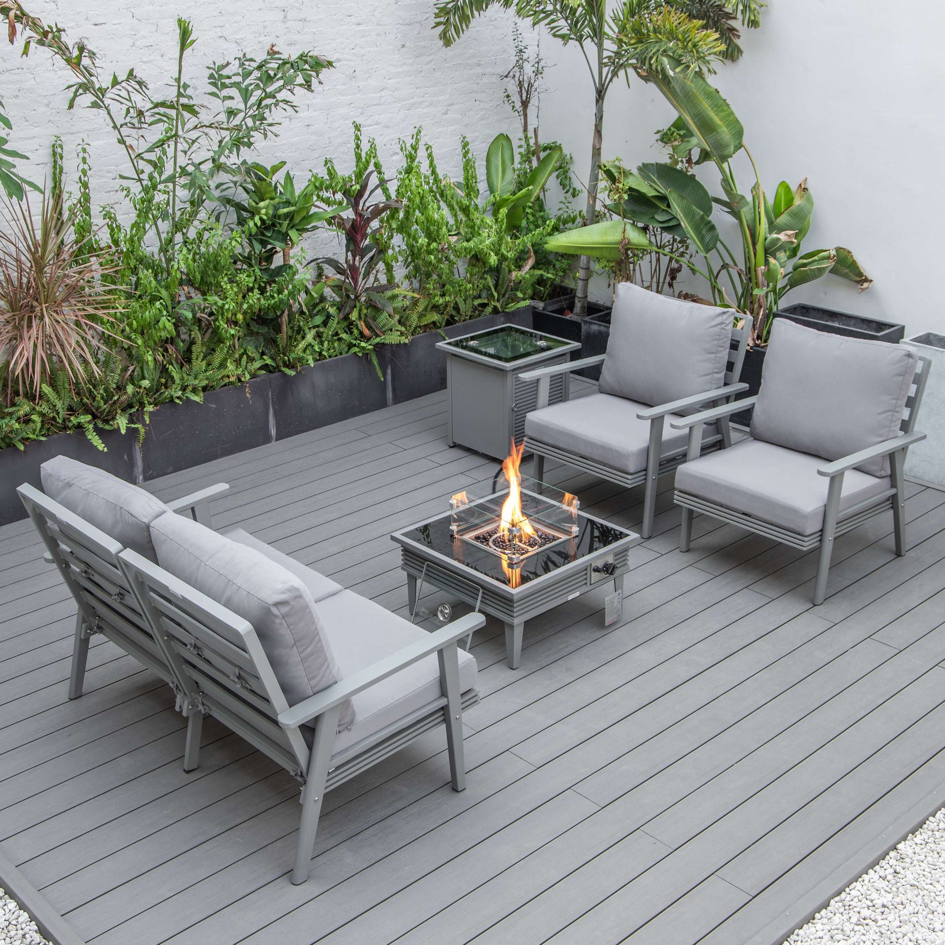 LeisureMod Walbrooke Modern Grey Patio Conversation With Square Fire Pit With Slats Design & Tank Holder | Outdoor Sofas, Loveseats & Sectionals | Modishstore - 60