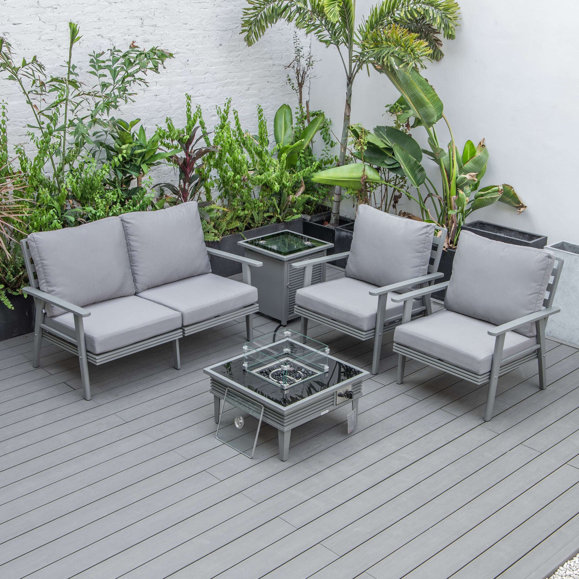 LeisureMod Walbrooke Modern Grey Patio Conversation With Square Fire Pit With Slats Design & Tank Holder | Outdoor Sofas, Loveseats & Sectionals | Modishstore - 62