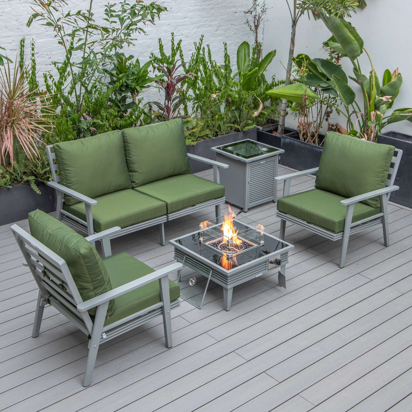 LeisureMod Walbrooke Modern Grey Patio Conversation With Square Fire Pit With Slats Design & Tank Holder | Outdoor Sofas, Loveseats & Sectionals | Modishstore - 39