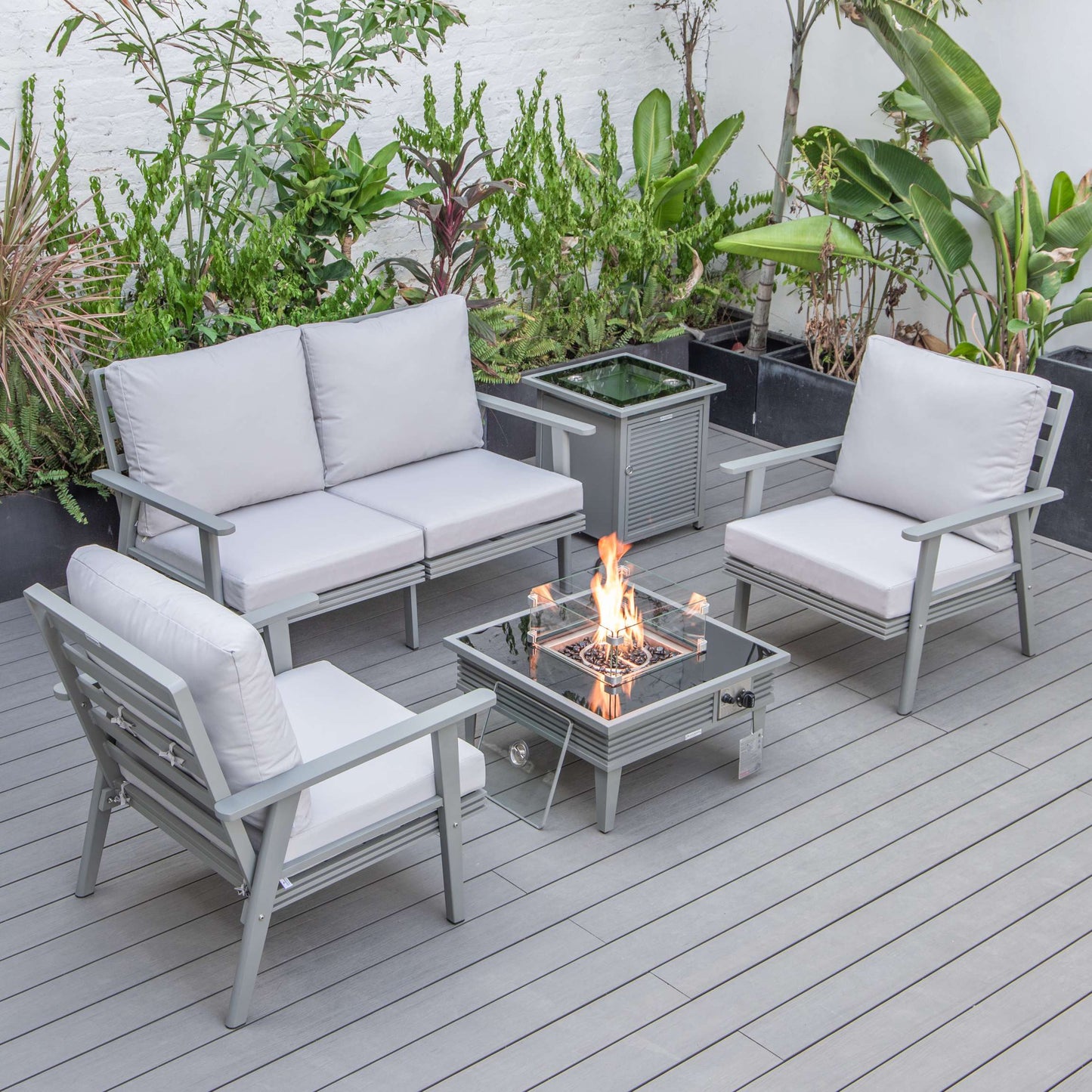 LeisureMod Walbrooke Modern Grey Patio Conversation With Square Fire Pit With Slats Design & Tank Holder | Outdoor Sofas, Loveseats & Sectionals | Modishstore - 48