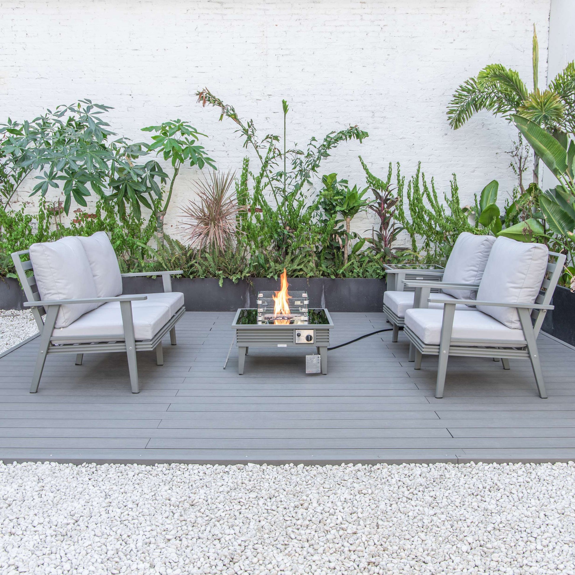 LeisureMod Walbrooke Modern Grey Patio Conversation With Square Fire Pit With Slats Design & Tank Holder | Outdoor Sofas, Loveseats & Sectionals | Modishstore - 46
