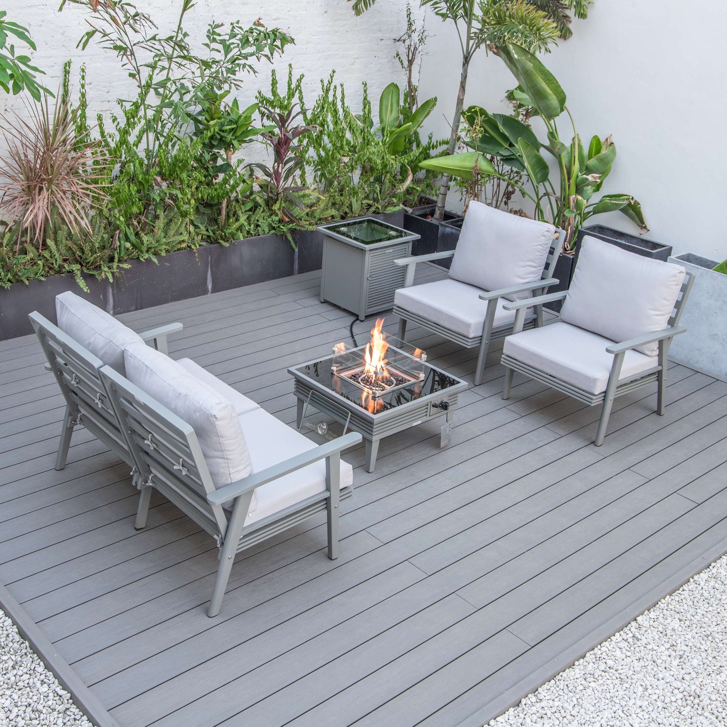 LeisureMod Walbrooke Modern Grey Patio Conversation With Square Fire Pit With Slats Design & Tank Holder | Outdoor Sofas, Loveseats & Sectionals | Modishstore - 45