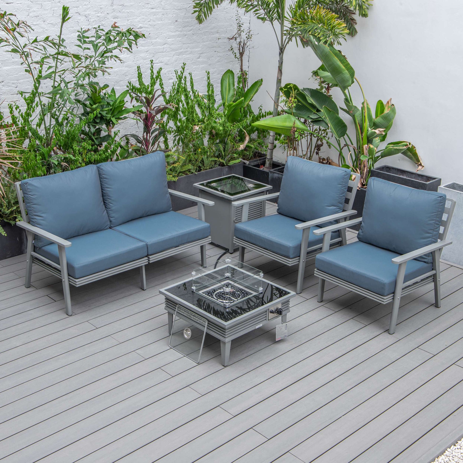 LeisureMod Walbrooke Modern Grey Patio Conversation With Square Fire Pit With Slats Design & Tank Holder | Outdoor Sofas, Loveseats & Sectionals | Modishstore - 23