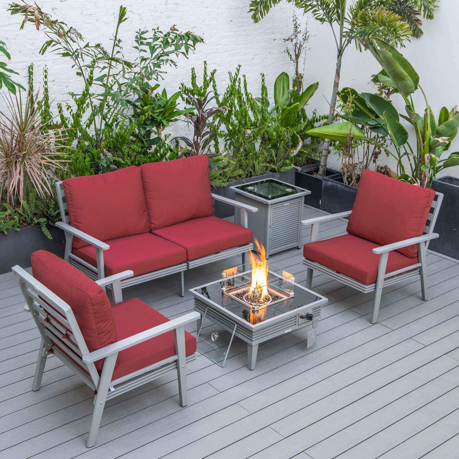 LeisureMod Walbrooke Modern Grey Patio Conversation With Square Fire Pit With Slats Design & Tank Holder | Outdoor Sofas, Loveseats & Sectionals | Modishstore - 78