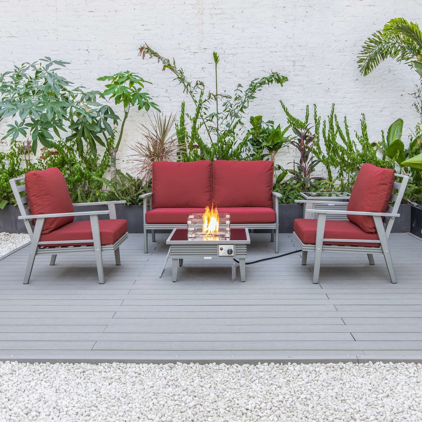 LeisureMod Walbrooke Modern Grey Patio Conversation With Square Fire Pit With Slats Design & Tank Holder | Outdoor Sofas, Loveseats & Sectionals | Modishstore - 74