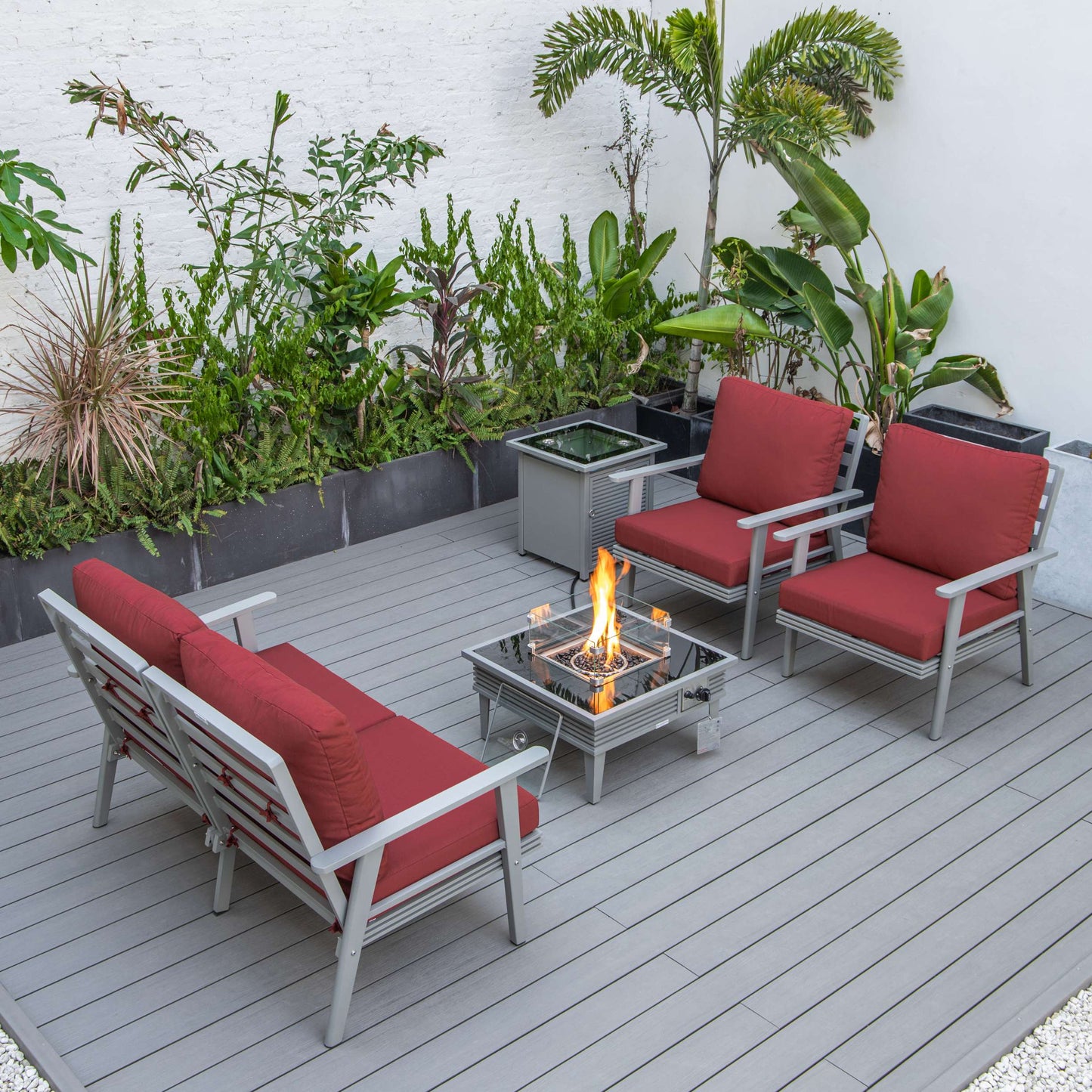 LeisureMod Walbrooke Modern Grey Patio Conversation With Square Fire Pit With Slats Design & Tank Holder | Outdoor Sofas, Loveseats & Sectionals | Modishstore - 75