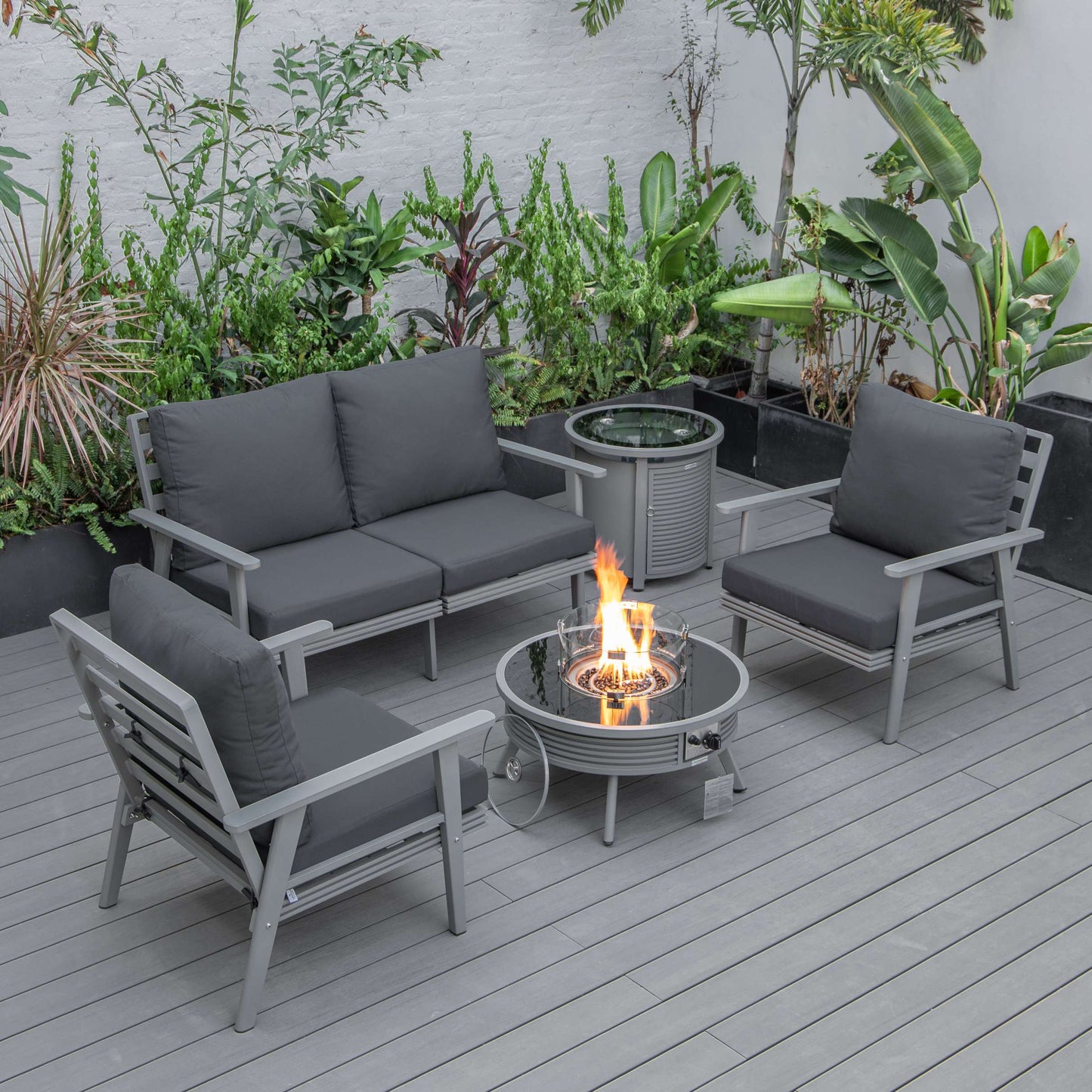 LeisureMod Walbrooke Modern Grey Patio Conversation With Round Fire Pit & Tank Holder | Outdoor Sofas, Loveseats & Sectionals | Modishstore - 37